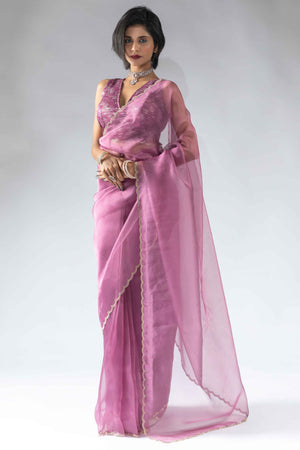 Helio Violet Solid With Intricate Zarkan Border Organza Ready To Wear Saree