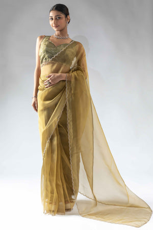 Golden Bronze Solid With Intricate Zarkan Border Organza Ready To Wear Saree