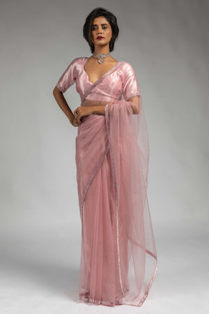 Flamingo Pink Intricate Zarkan Detailing Soft Net Ready To Wear Saree