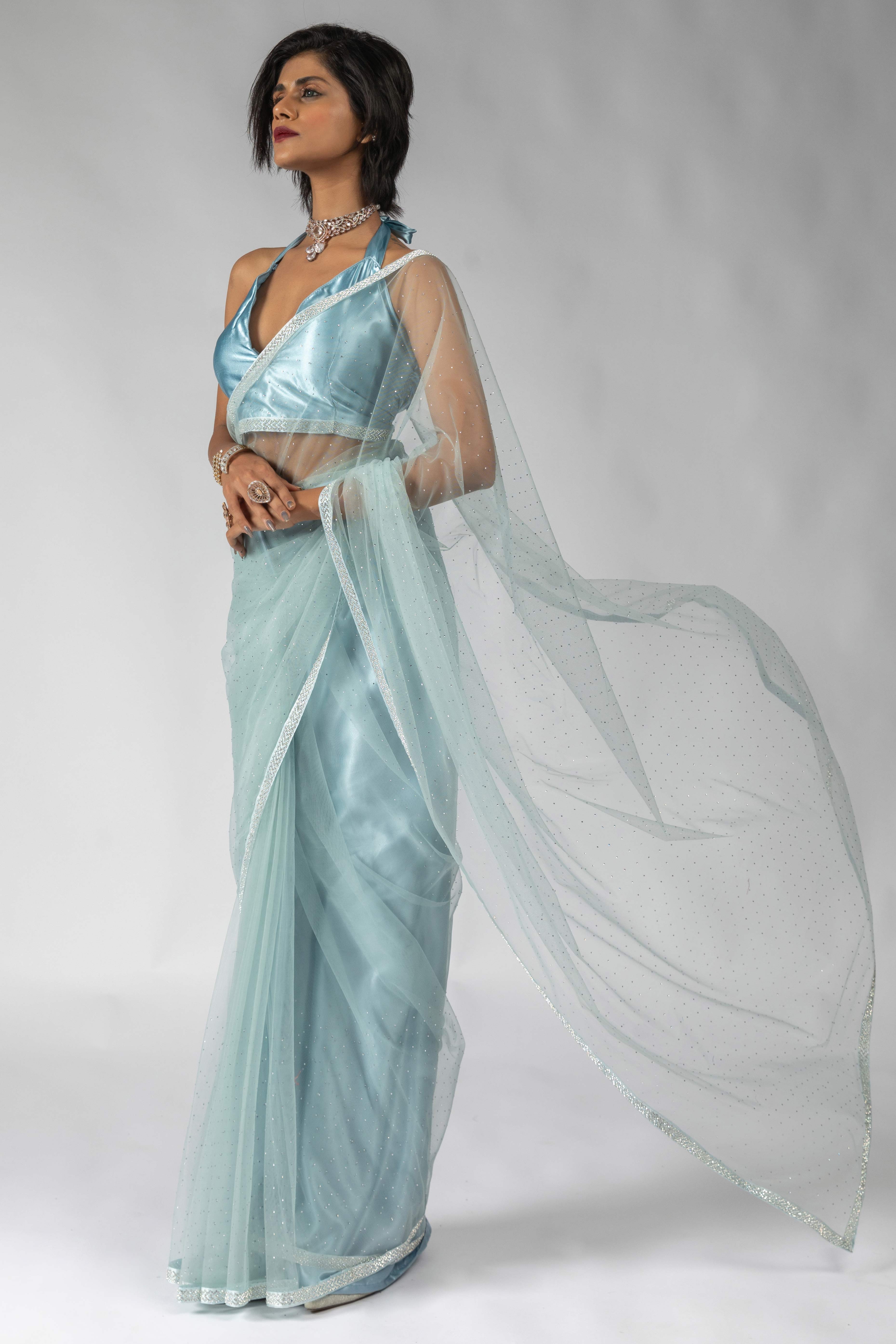 Blue Intricate Zarkan Detailing Soft Net Ready To Wear Saree