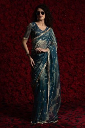 Teal Floral Zari Embroidered Net Organza Saree with Intricate Handwork Lace Border