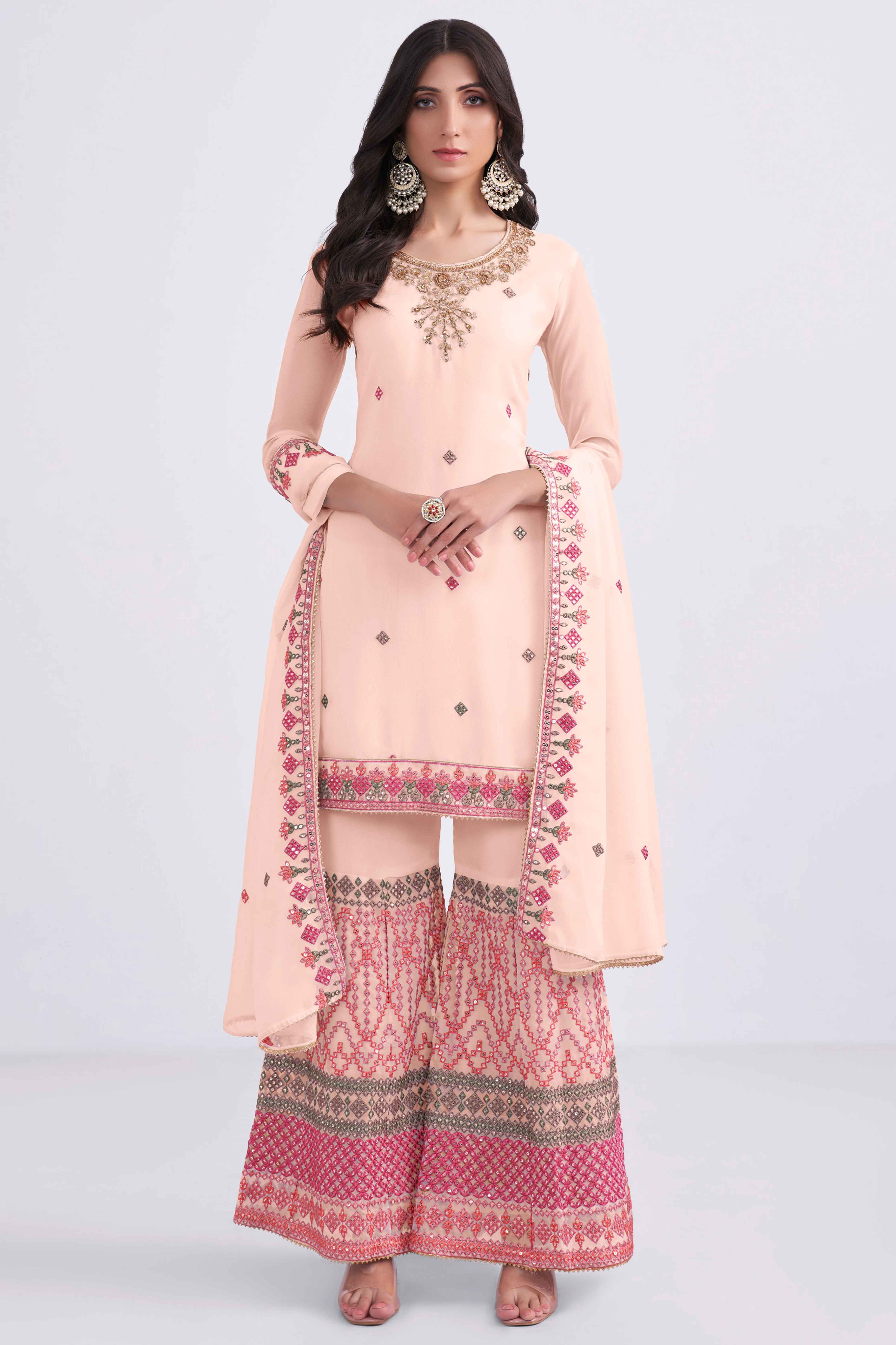 Peach Sequins Embroidered With Stonework Georgette Semi Stitched Suit
