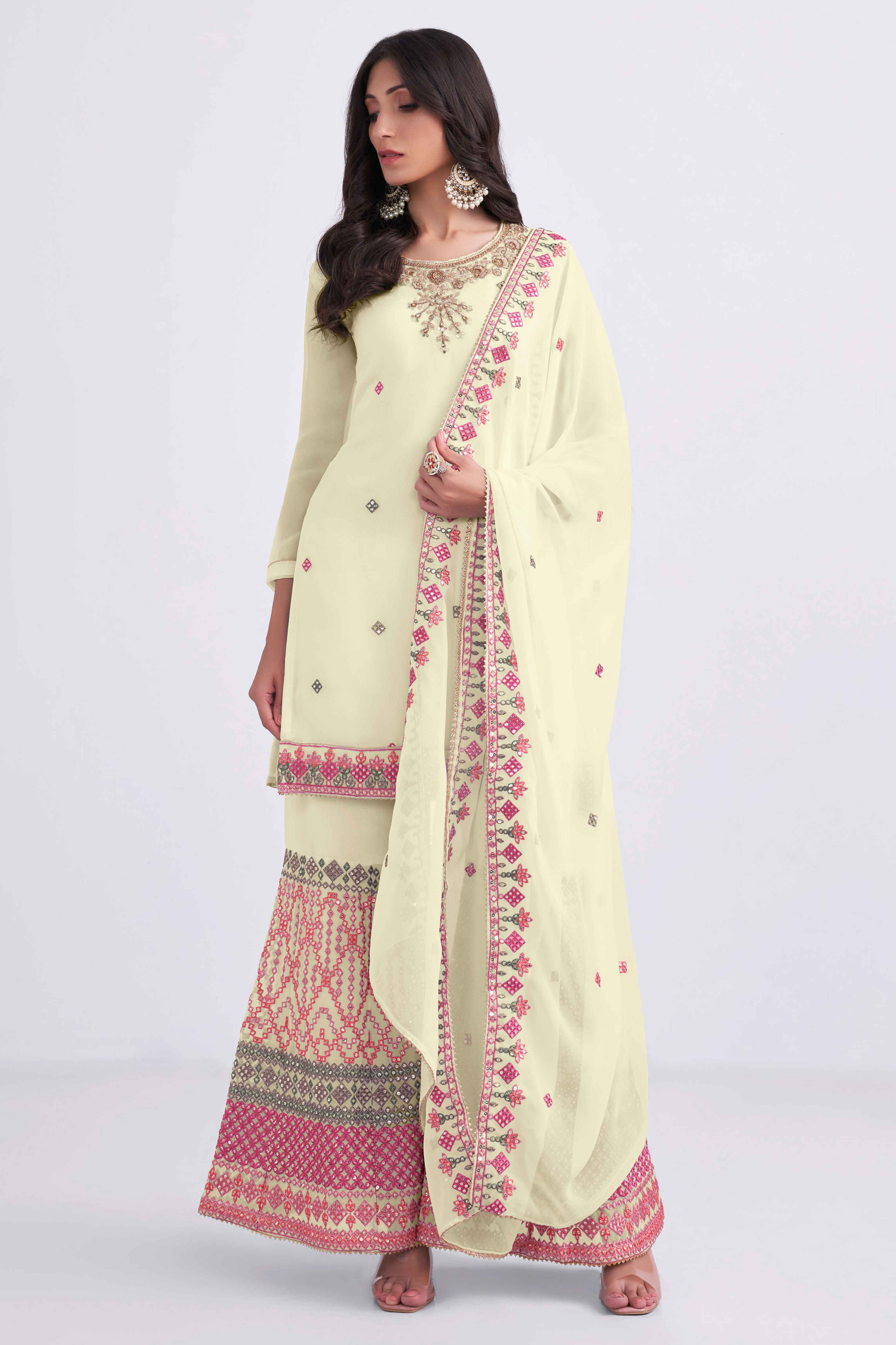 Light Yellow Sequins Embroidered With Stonework Georgette Semi Stitched Suit