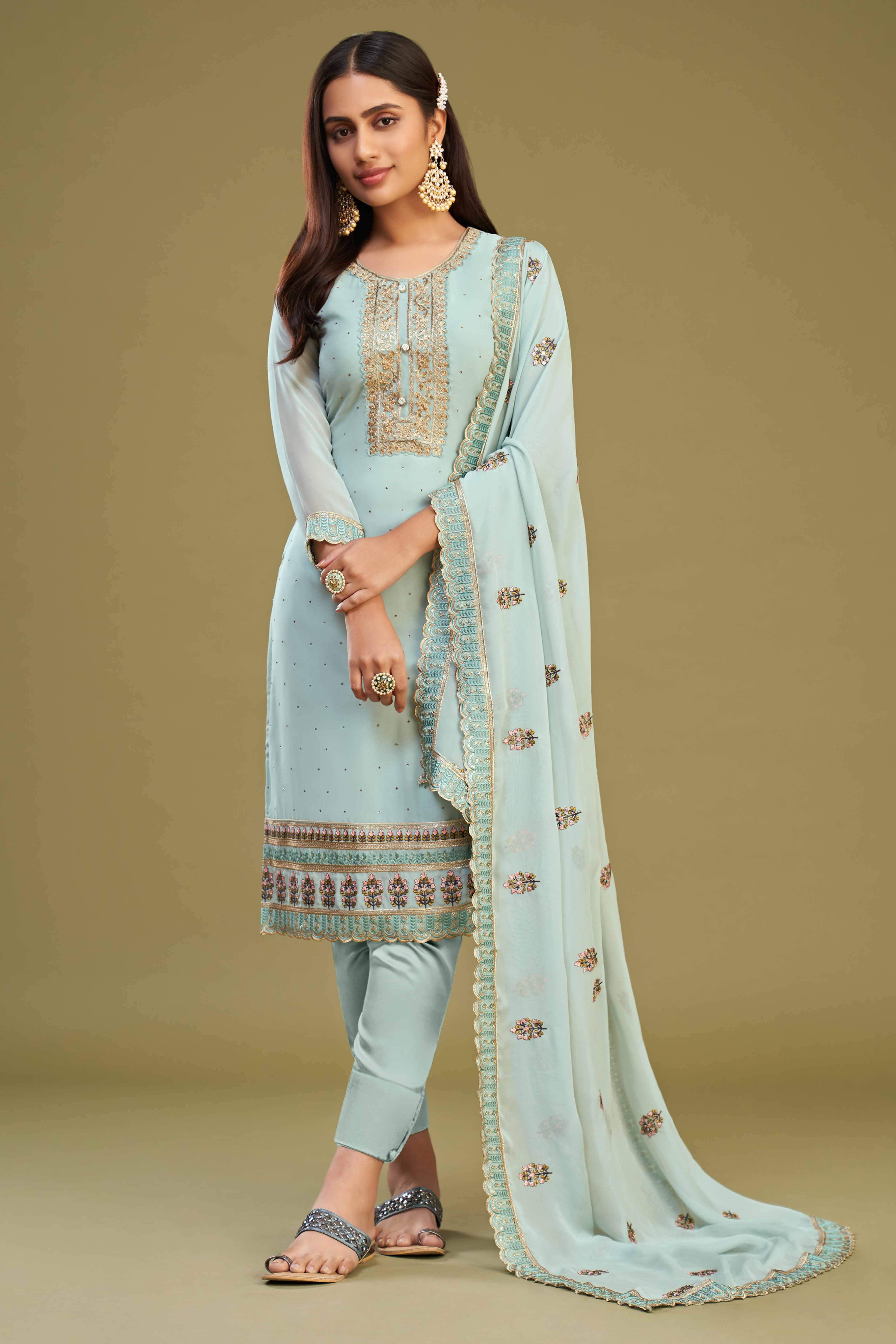 Blue Floral Embroidery With Swarovski Work Georgette Semi Stitched Suit