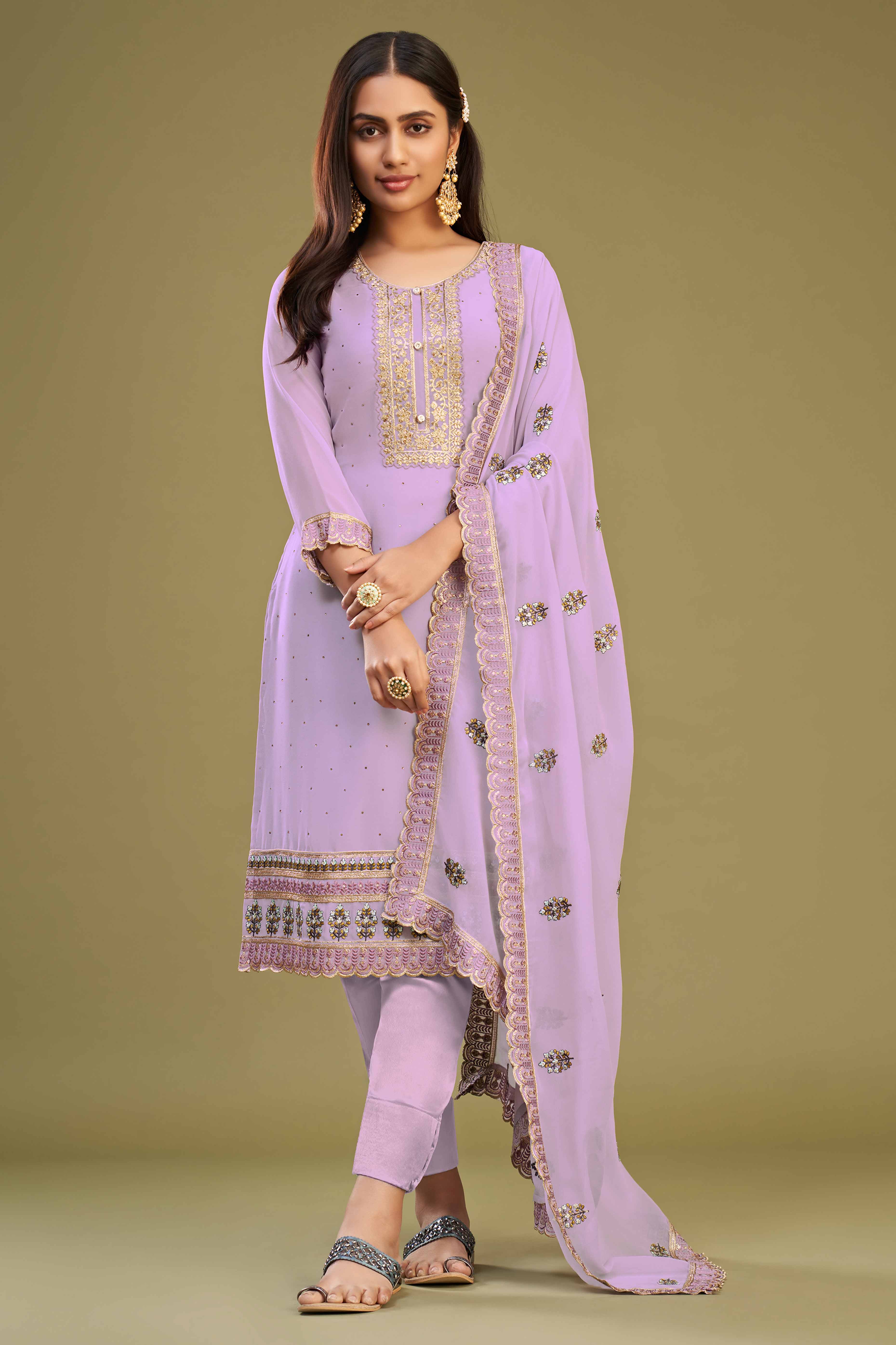 Lavender Floral Embroidery With Swarovski Work Georgette Semi Stitched Suit