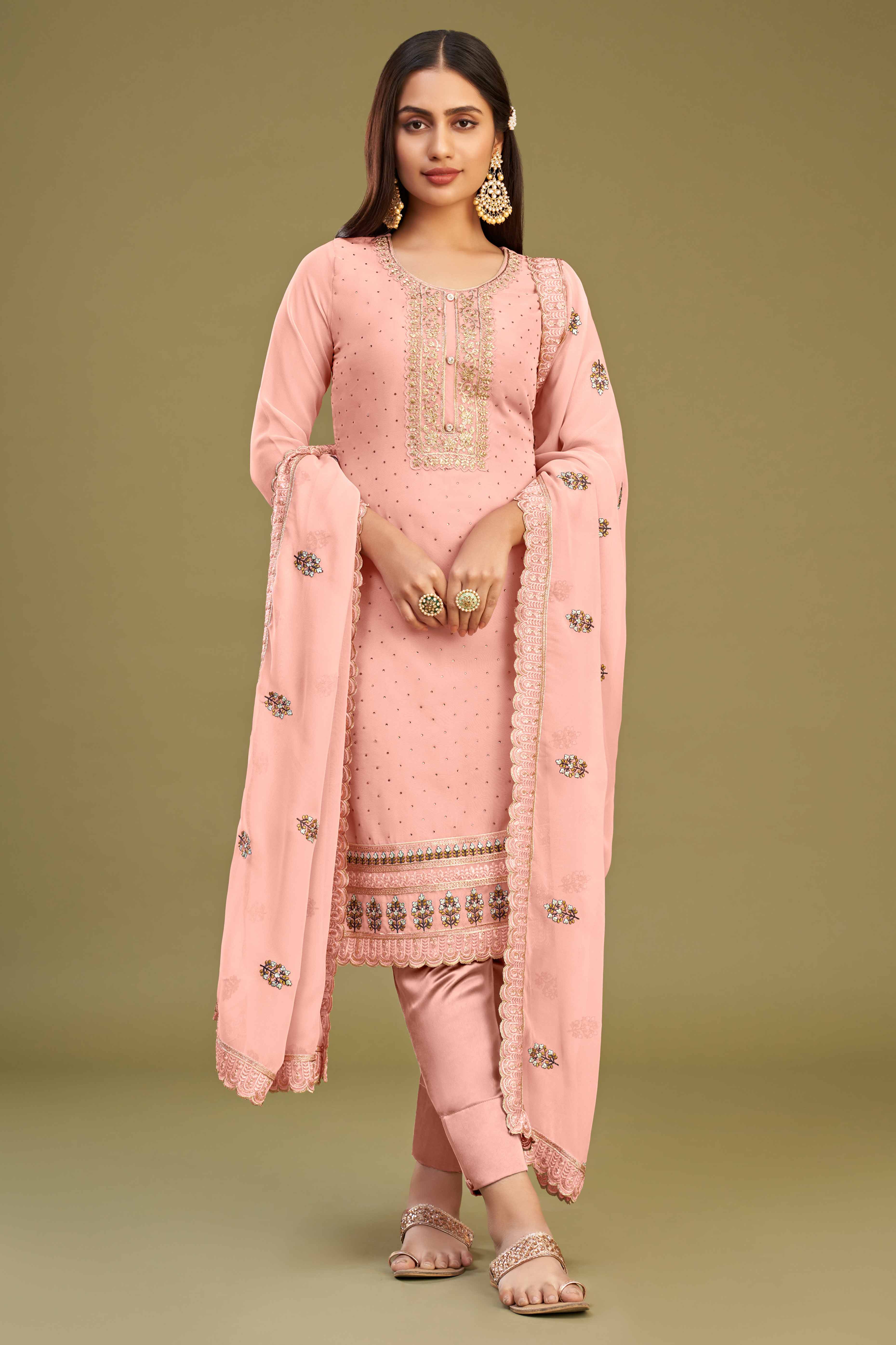 Gajari Pink Floral Embroidery With Swarovski Work Georgette Semi Stitched Suit