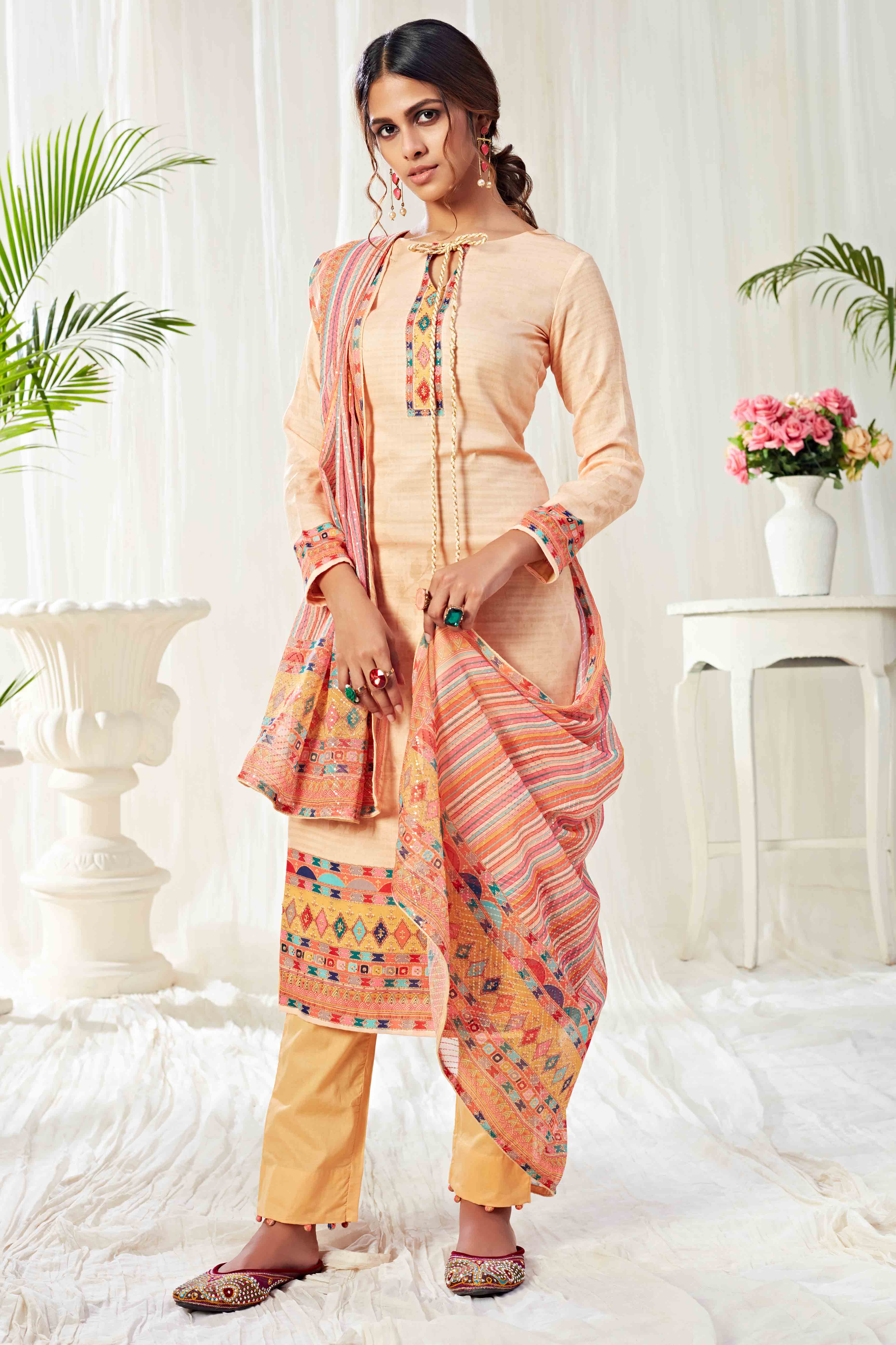 Light Orange Floral Digital Print Pure Cotton Dress Material With Sparkling Swarovski Embellishments