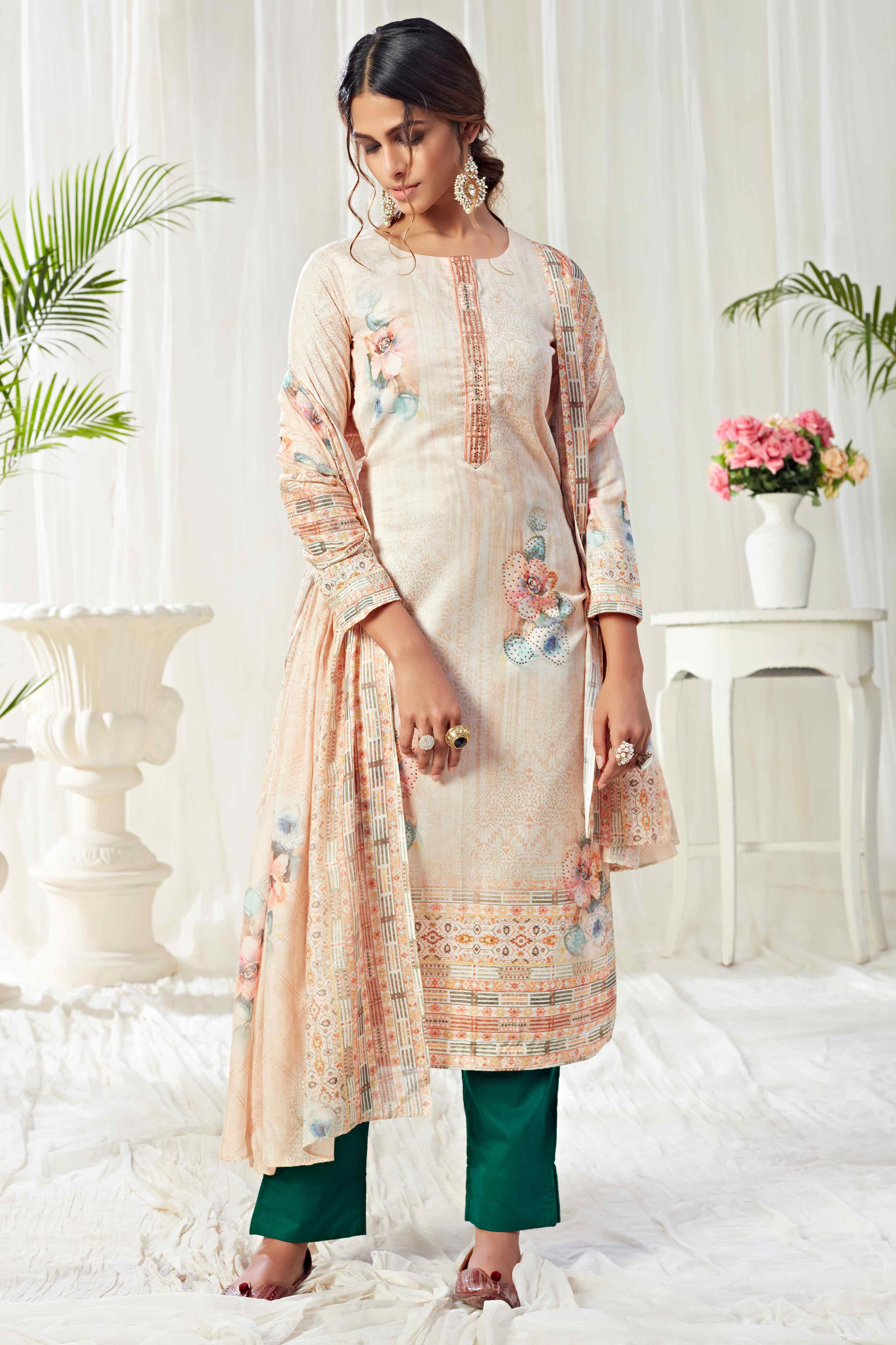 Light Peach Floral Digital Print Pure Cotton Dress Material With Sparkling Swarovski Embellishments