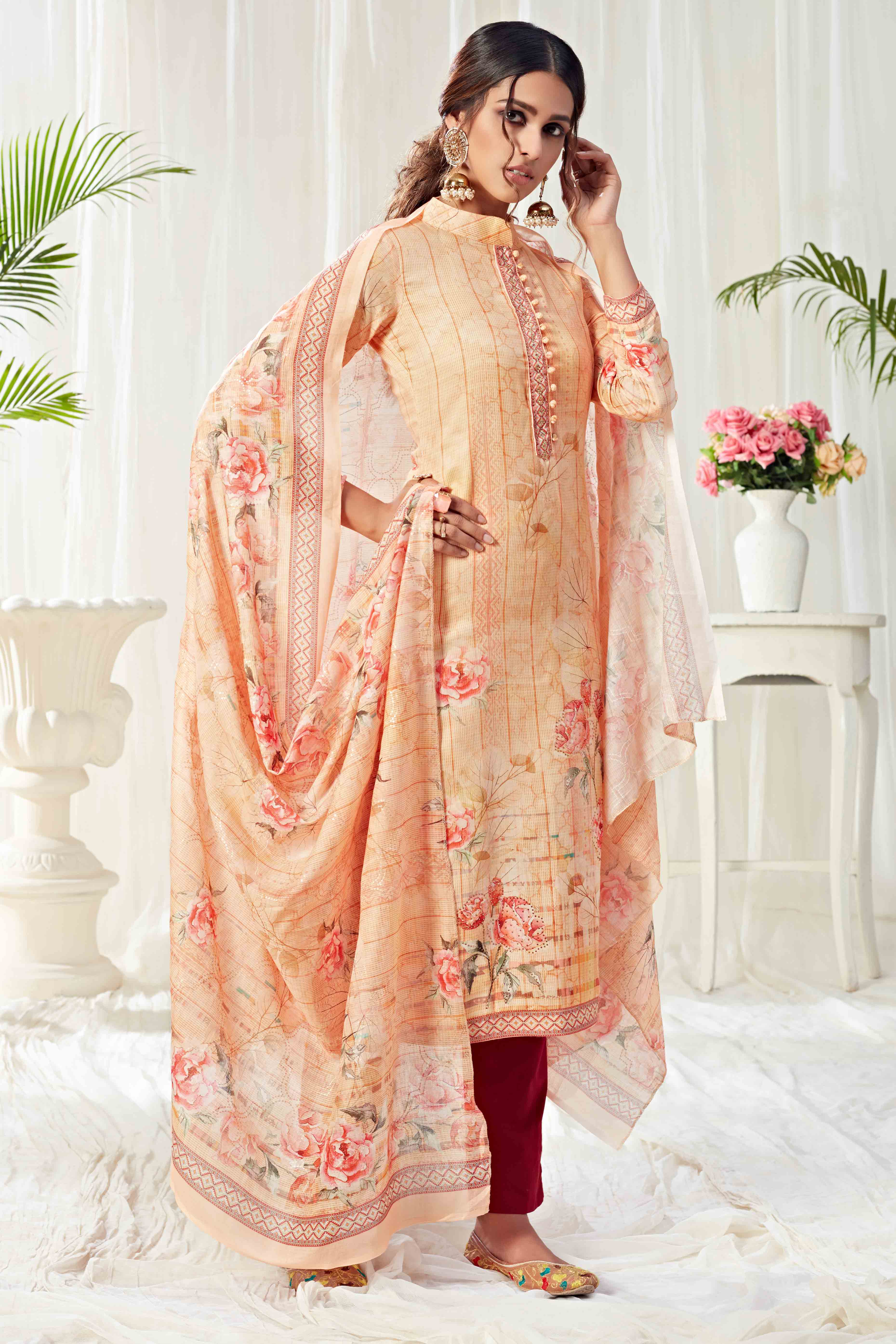 Peach Floral Digital Print Pure Cotton Dress Material With Sparkling Swarovski Embellishments