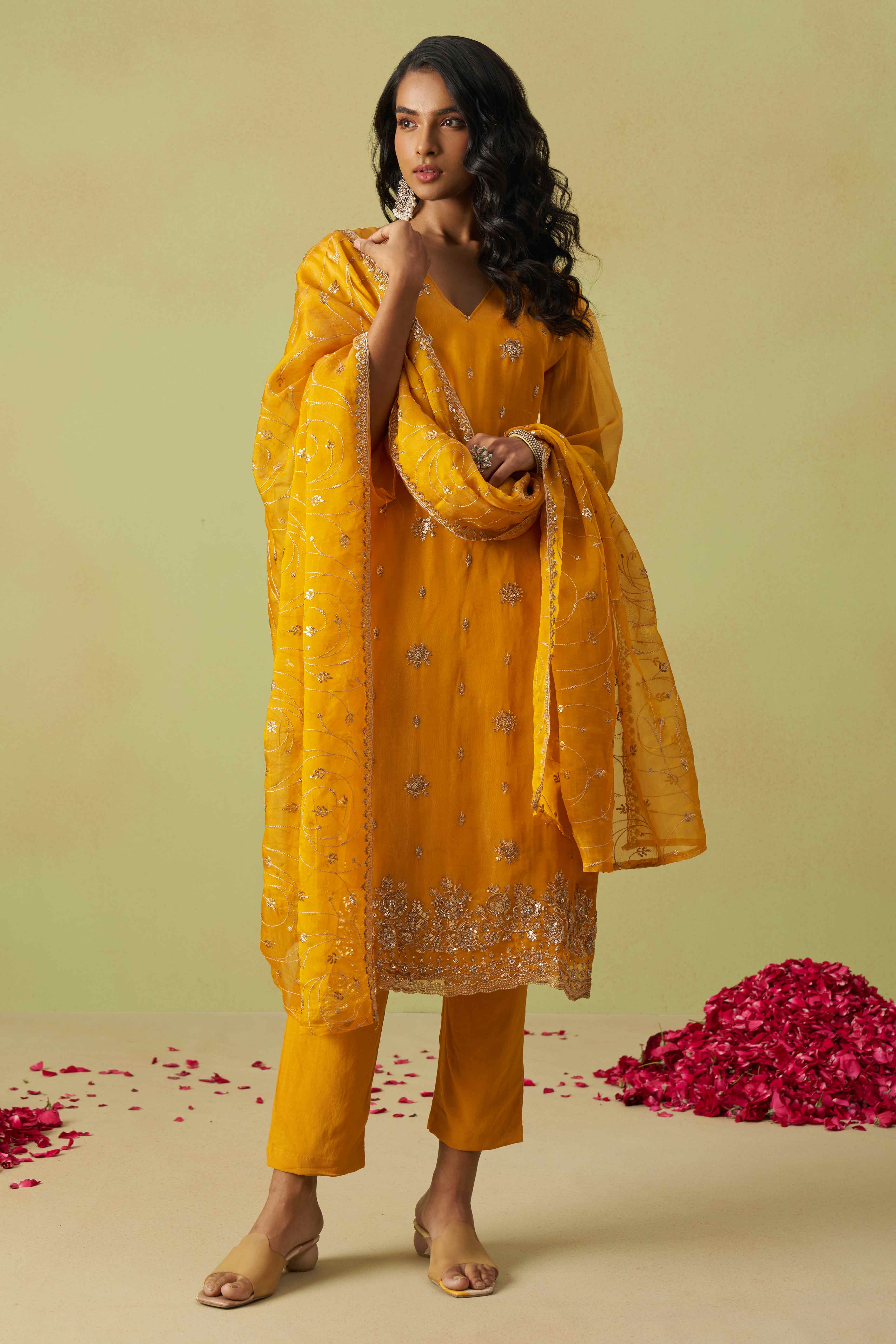Mustard Sequins Embroidery With Stonework Organza Shimmer Semi Stitched Suit