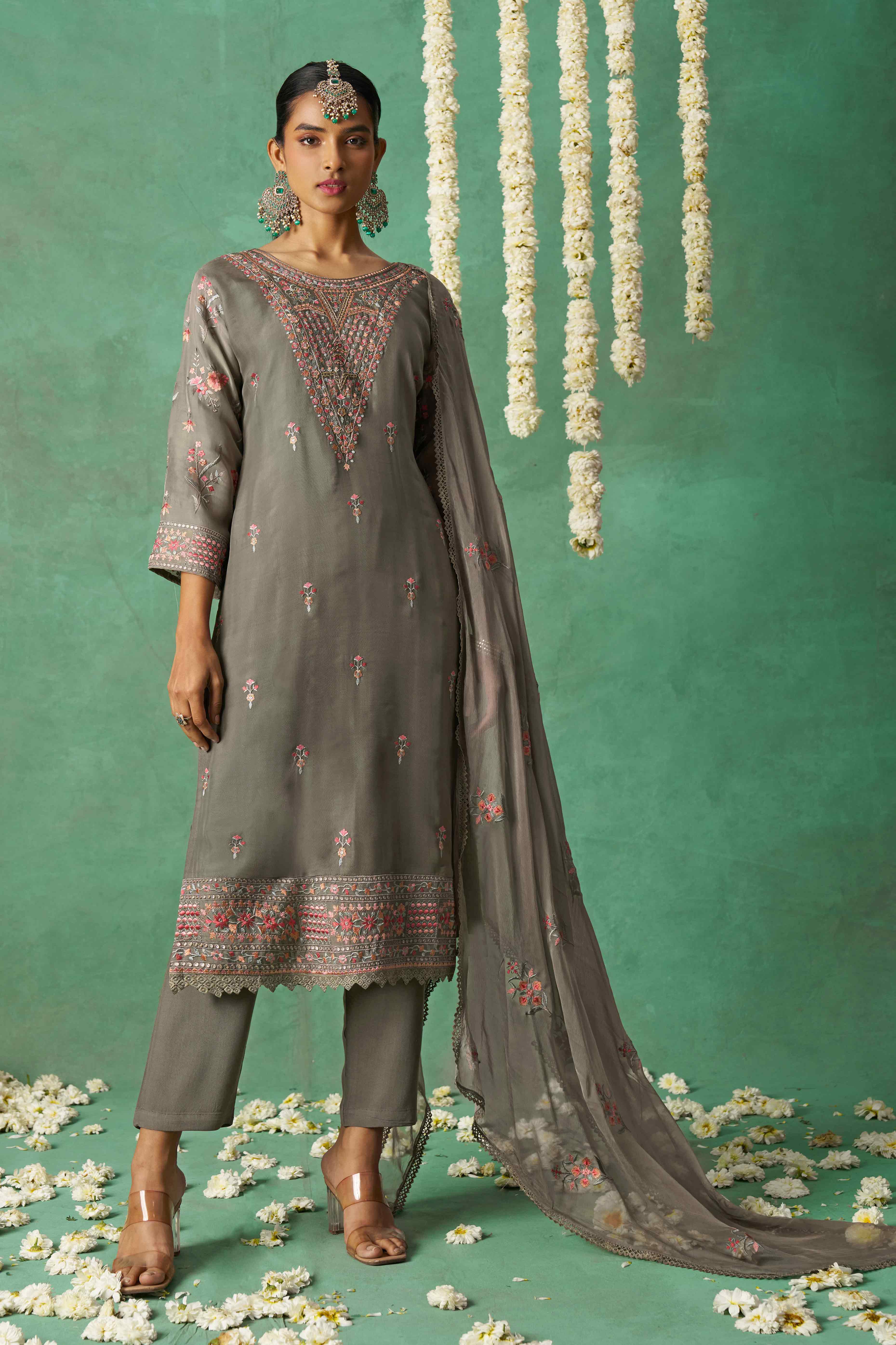 Grey Floral Sequins Embroidered Organza Semi Stitched Suit