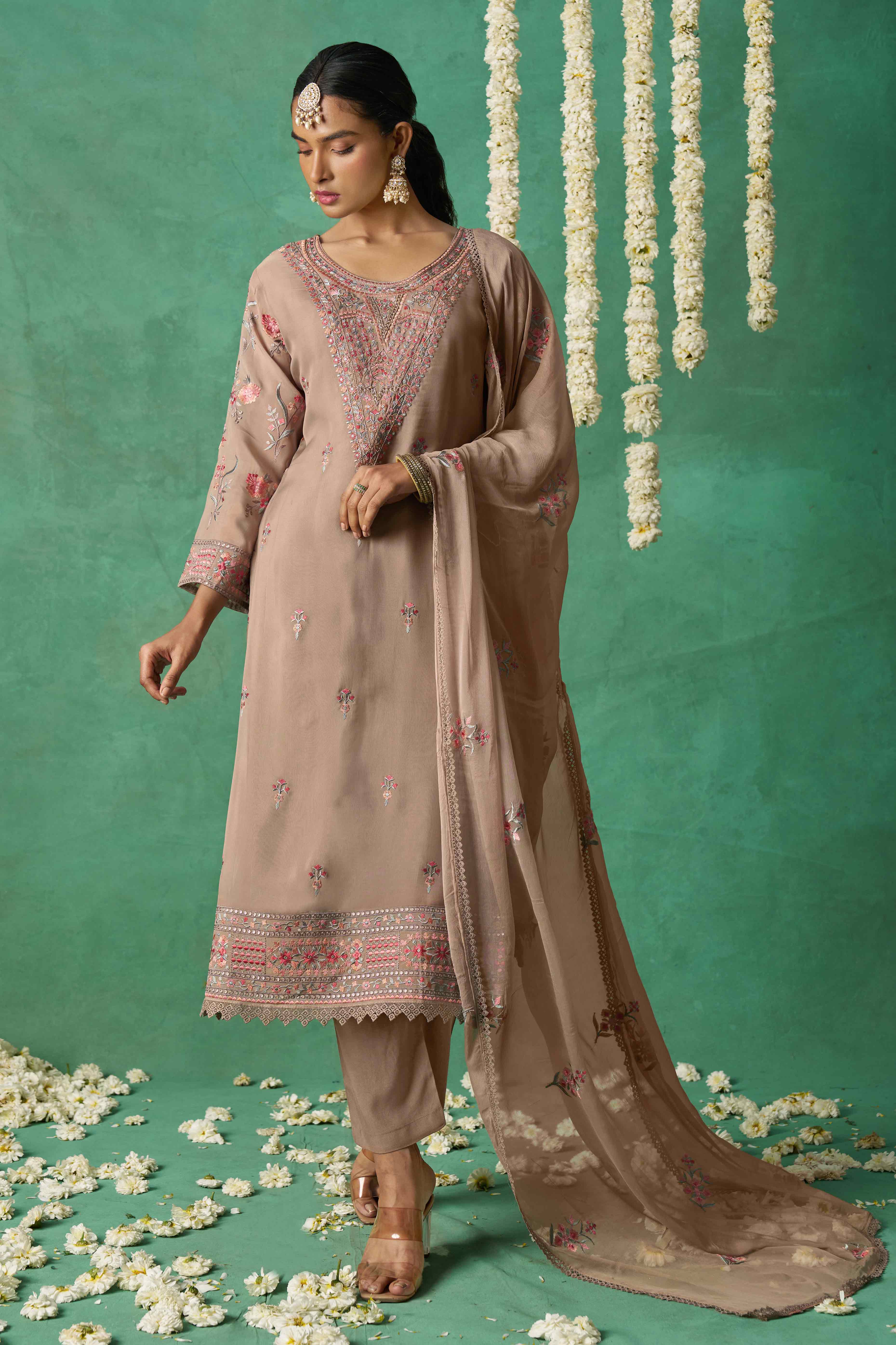 Chikoo Floral Sequins Embroidered Organza Semi Stitched Suit