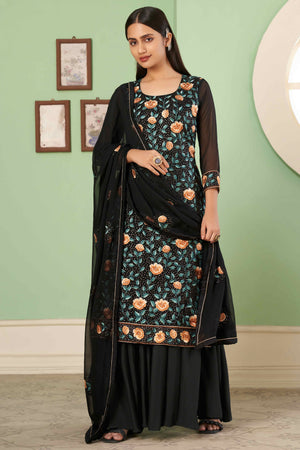 Black Floral Sequins Embroidered Georgette Semi Stitched Suit