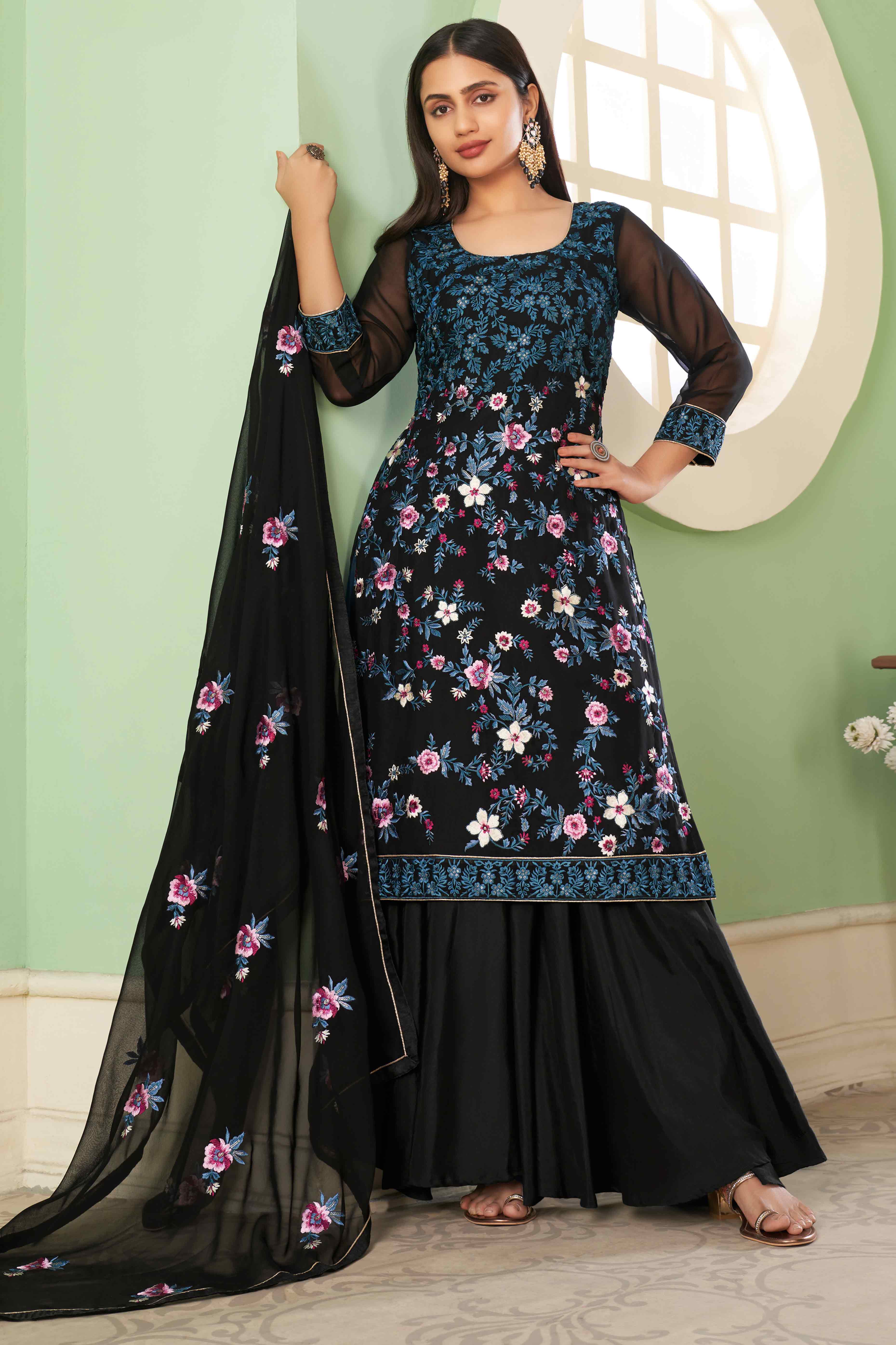 Black Floral Sequins Embroidered Georgette Semi Stitched Suit