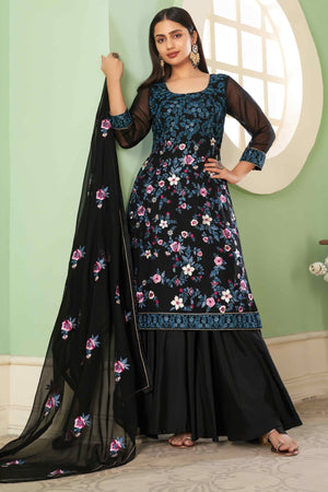 Black Floral Sequins Embroidered Georgette Semi Stitched Suit