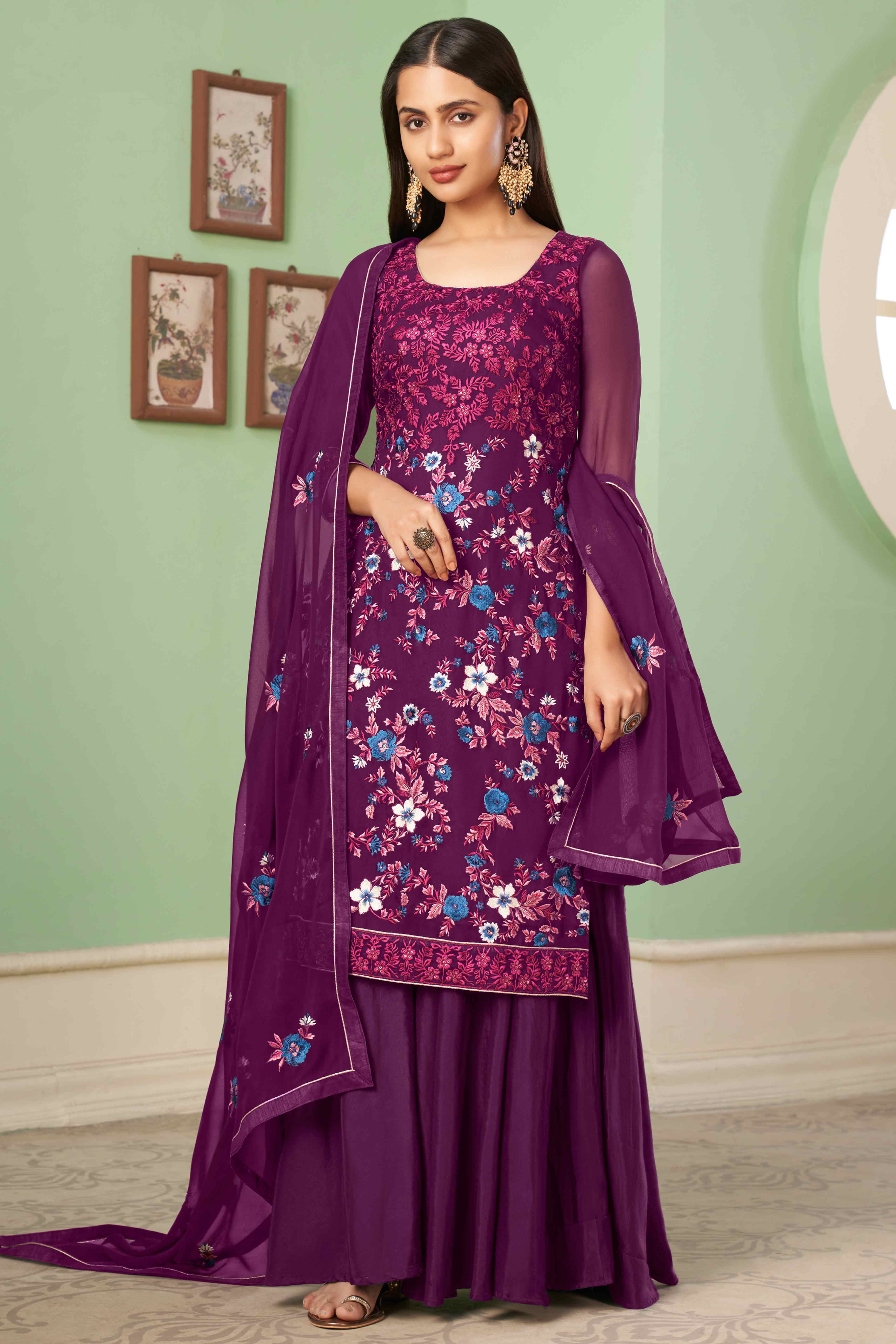 Purple Floral Sequins Embroidered Georgette Semi Stitched Suit