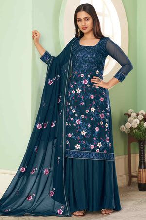 Blue Floral Sequins Embroidered Georgette Semi Stitched Suit