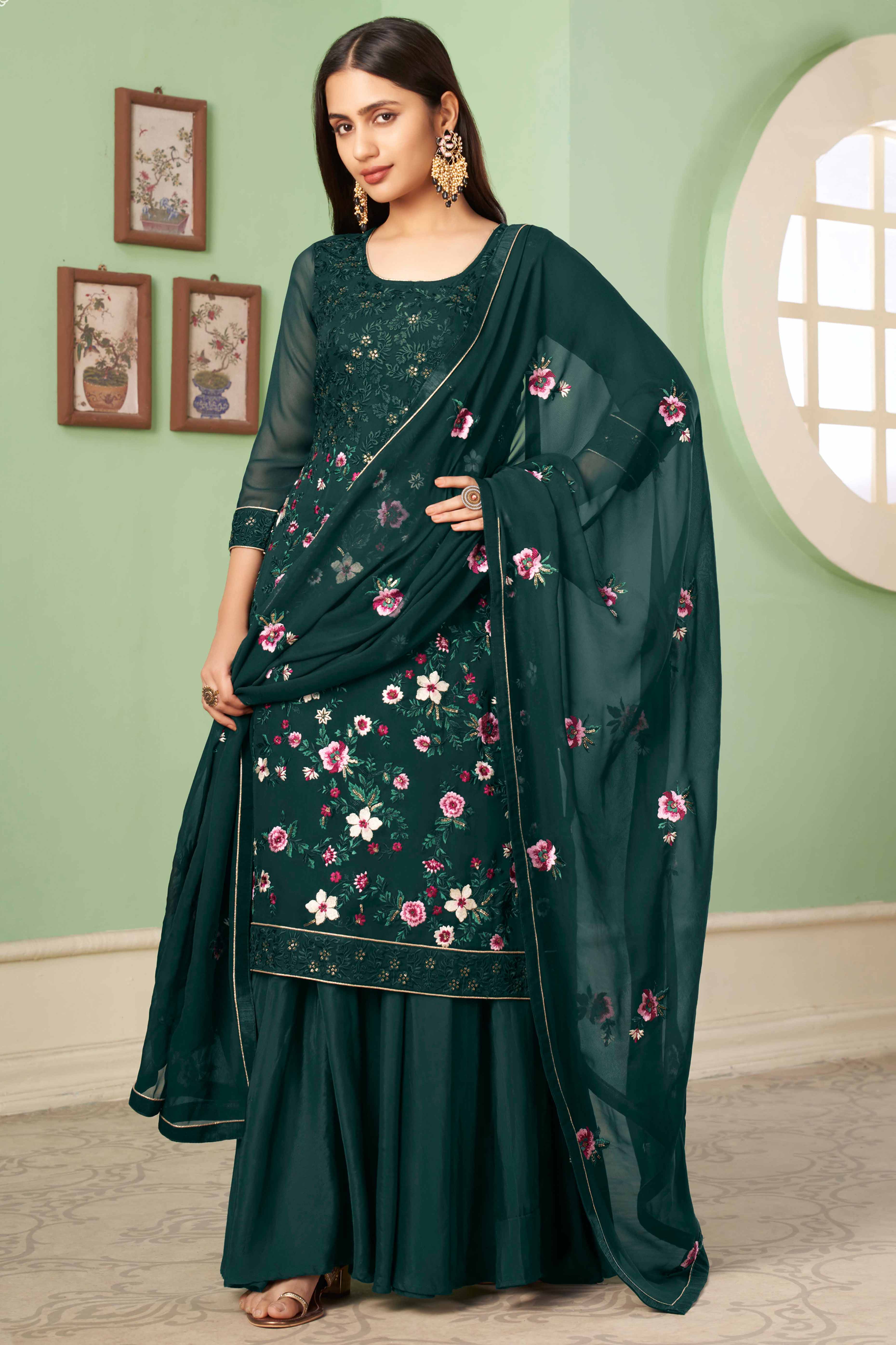 Green Floral Sequins Embroidered Georgette Semi Stitched Suit