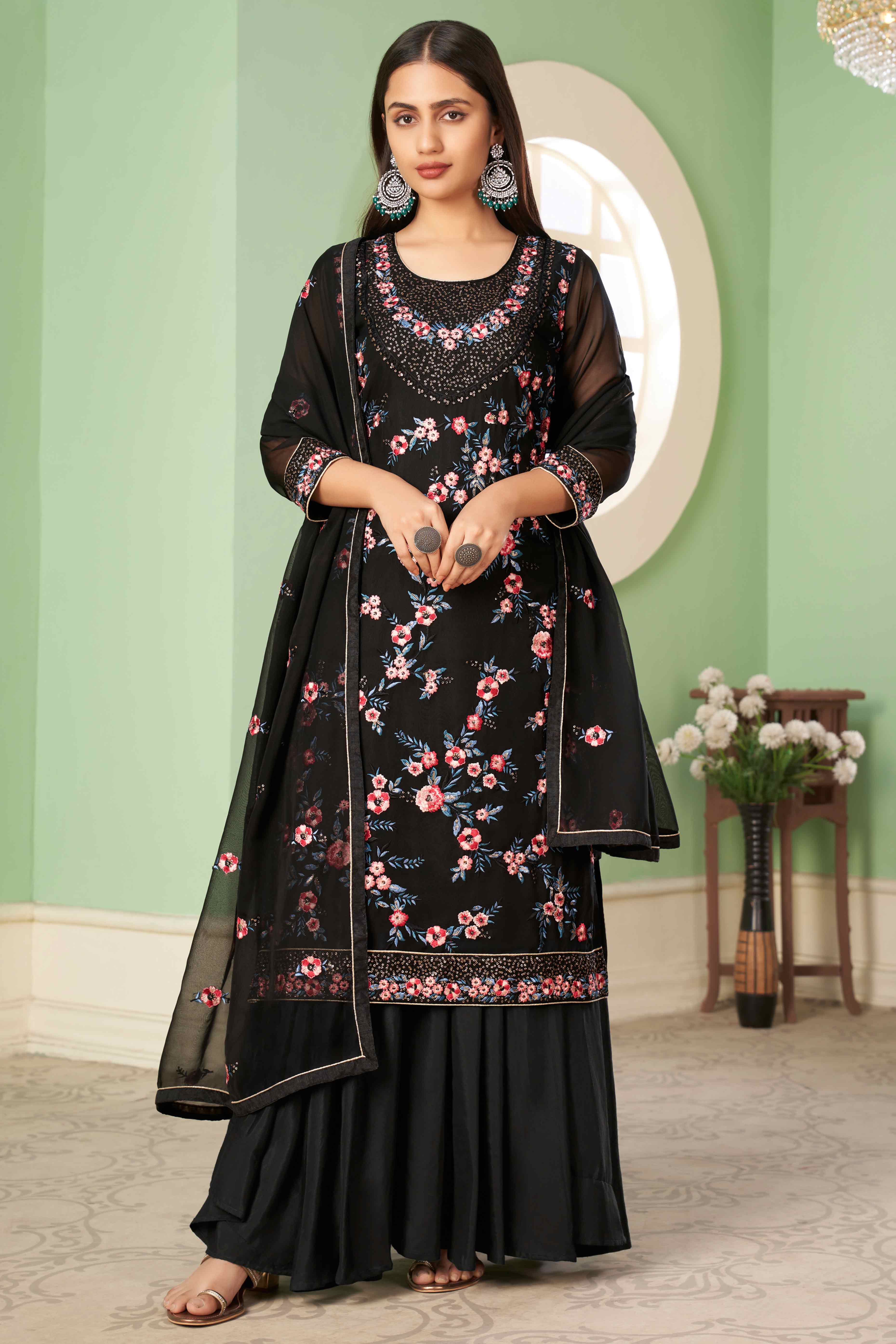 Black Floral Sequins Embroidered Georgette Semi Stitched Suit