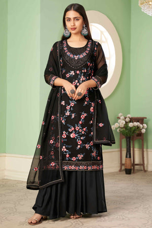 Black Floral Sequins Embroidered Georgette Semi Stitched Suit