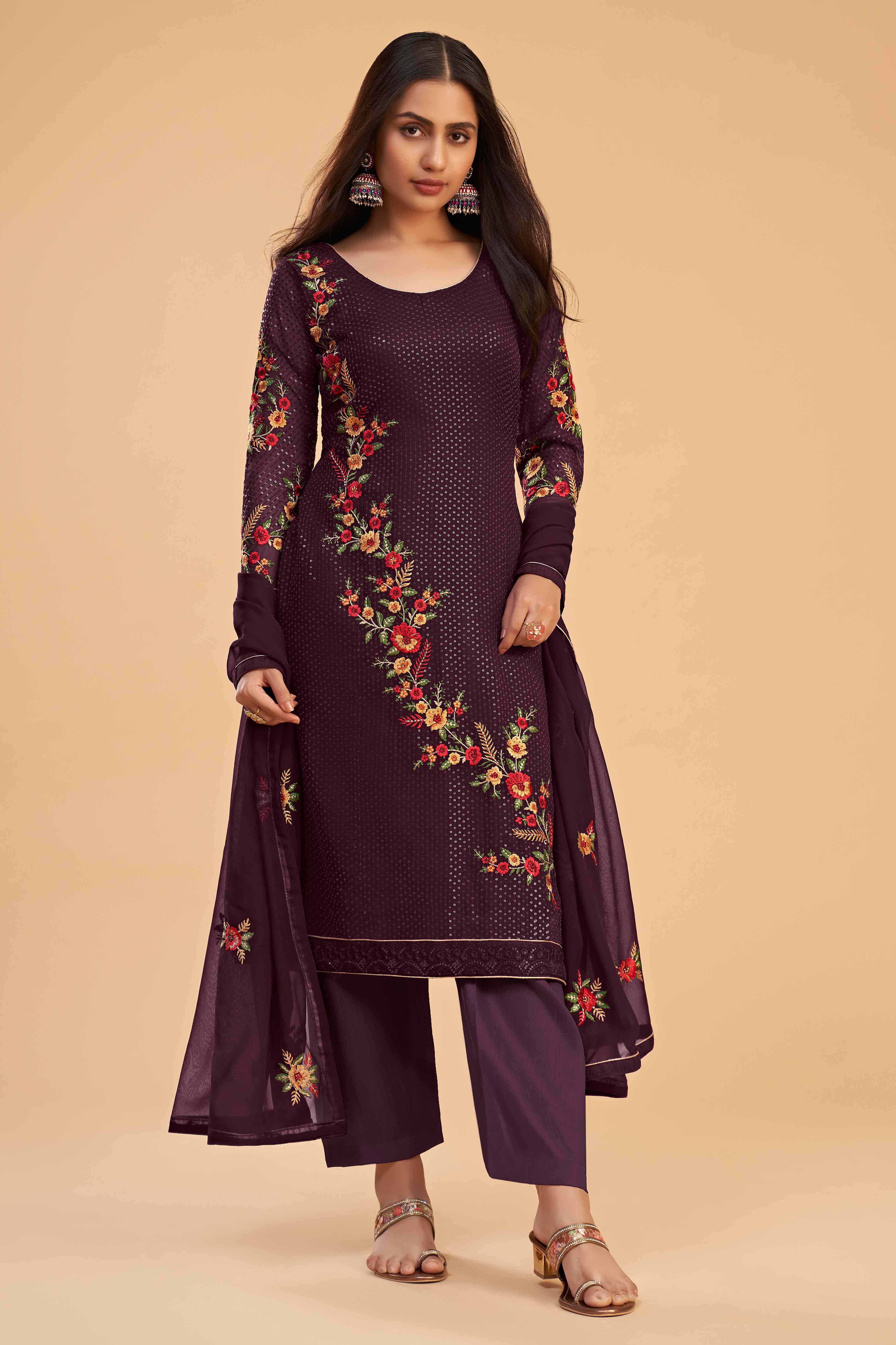 Wine Floral Sequins Embroidered Georgette Semi Stitched Suit