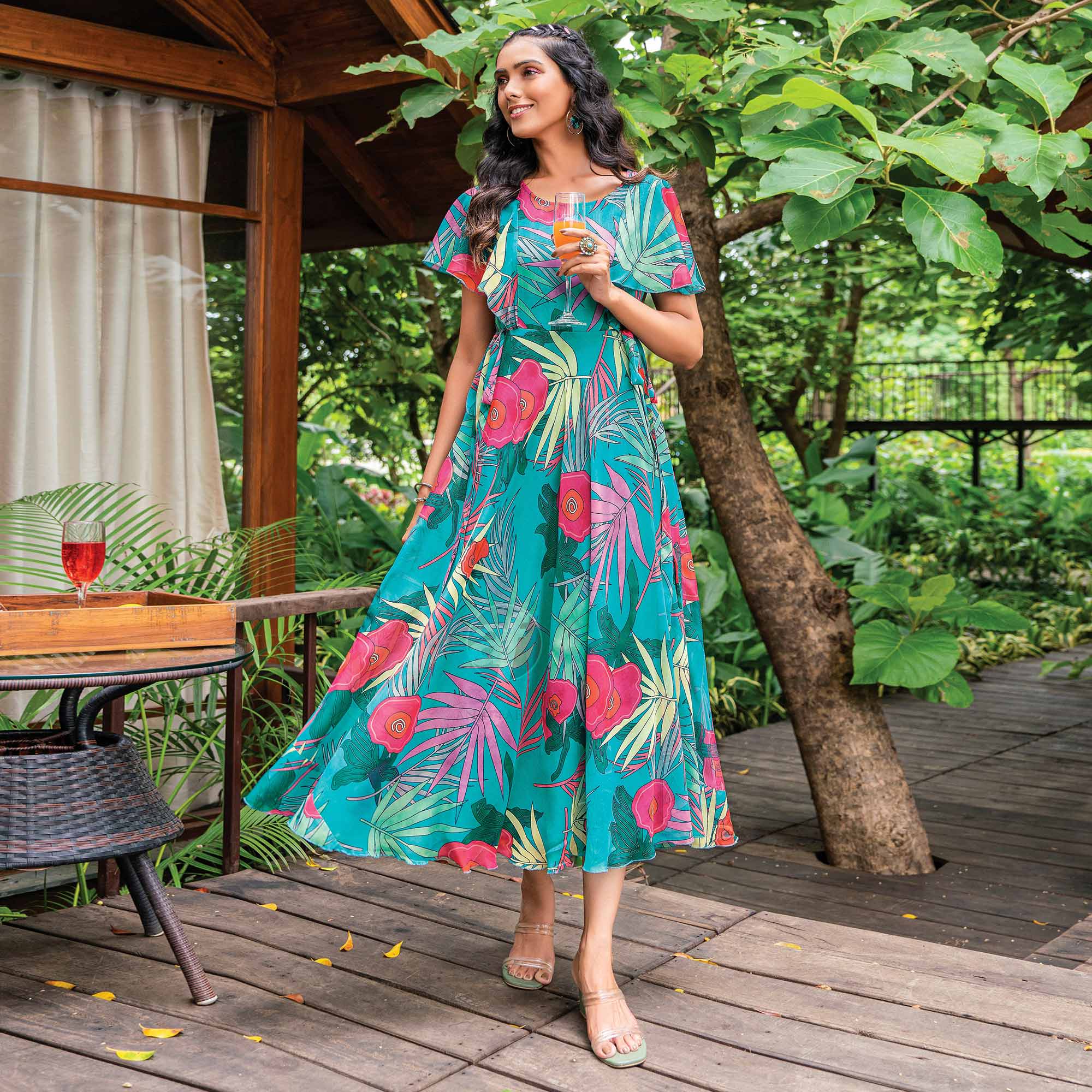 Turquoise Digital Floral Printed Chiffon Dress
