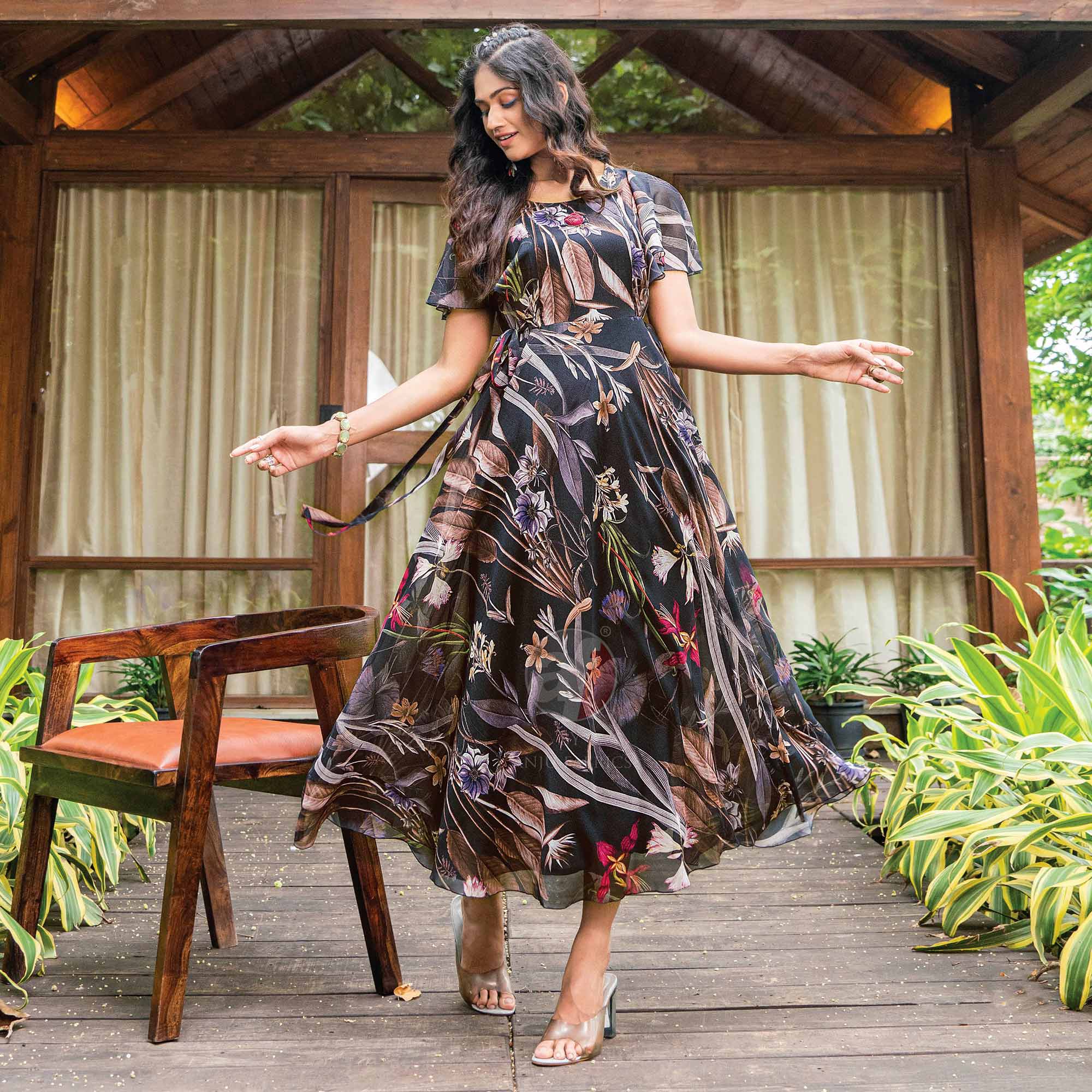 Black Digital Floral Printed Chiffon Dress