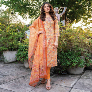 Orange Floral Chikankari Work Pure Cotton Suit