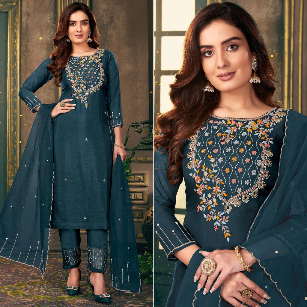 MAROON NECK WORK DOLA SILK SUIT main image 1