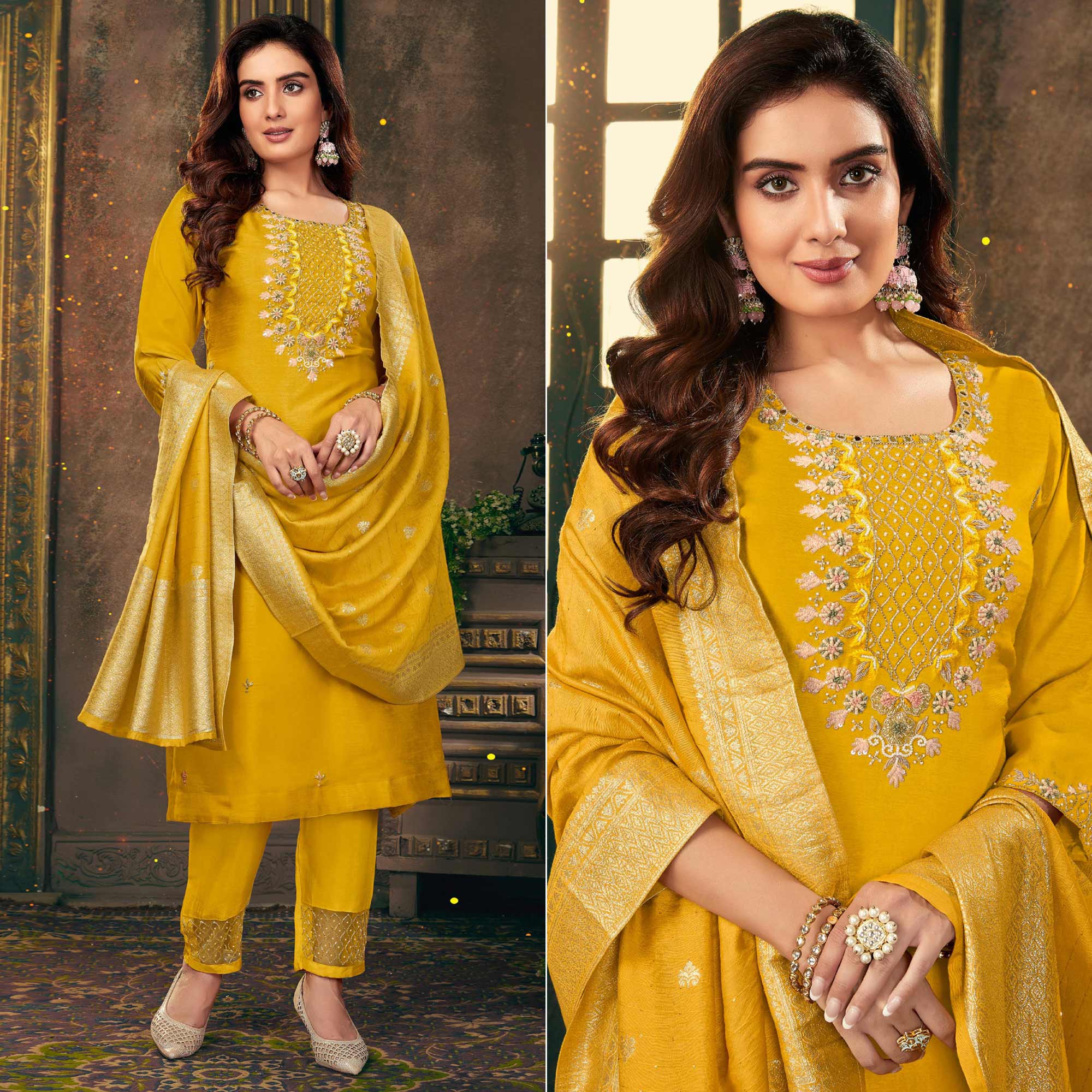 Yellow Floral Embroidered Dola Silk Suit