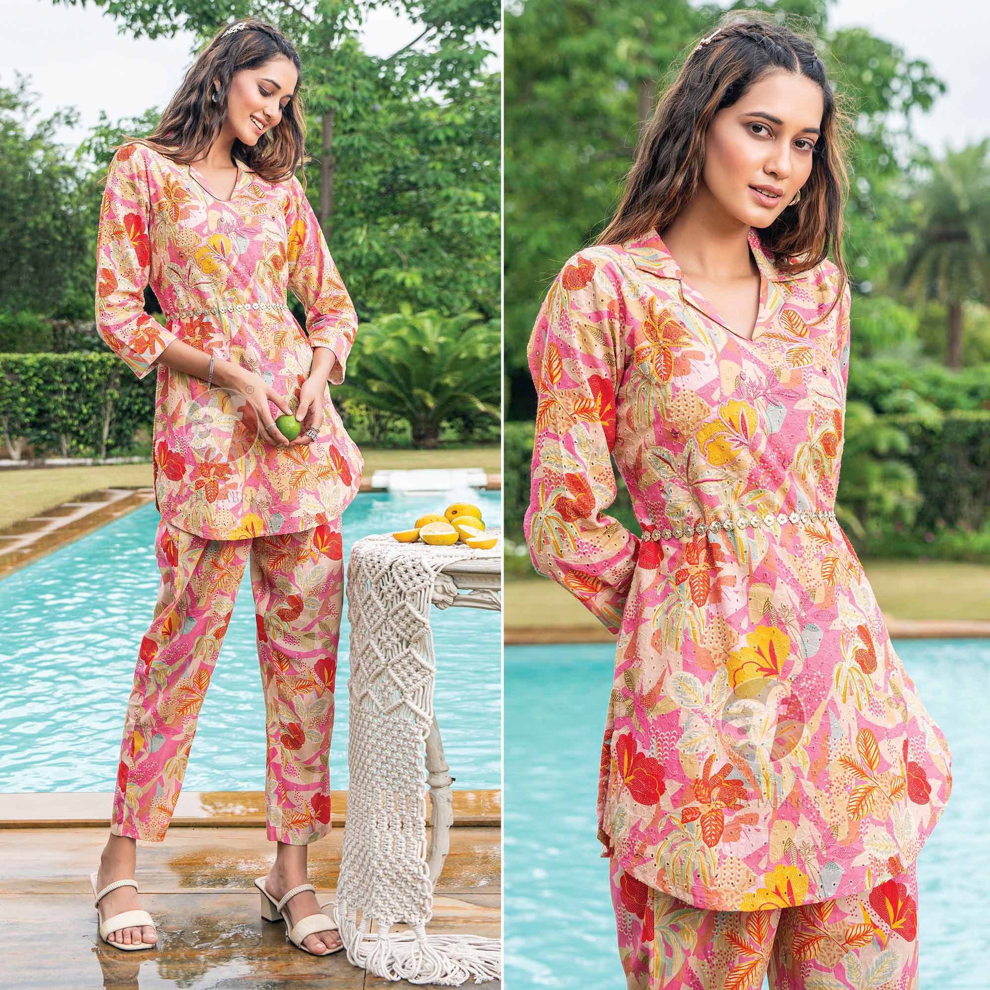 Pink Floral Printed Pure Cotton Co Ord Set