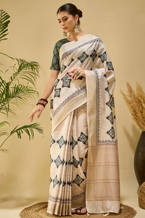 Ivory Cream Floral Printed Katki Cotton Silk Saree With Graceful Tassel Pallu