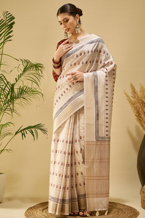 Timeless Cream Katki Cotton Silk Saree With Blooming Floral Prints & Tassel Draped Pallu