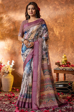 Multicolour Abstract Printed Pure Linen Saree With Zari Border