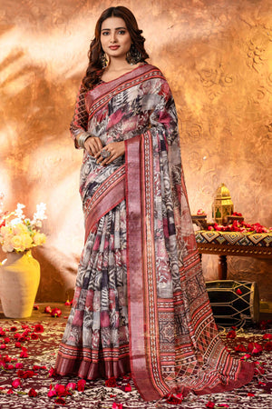 Pink and black Abstract Printed Pure Linen Saree With Zari Border