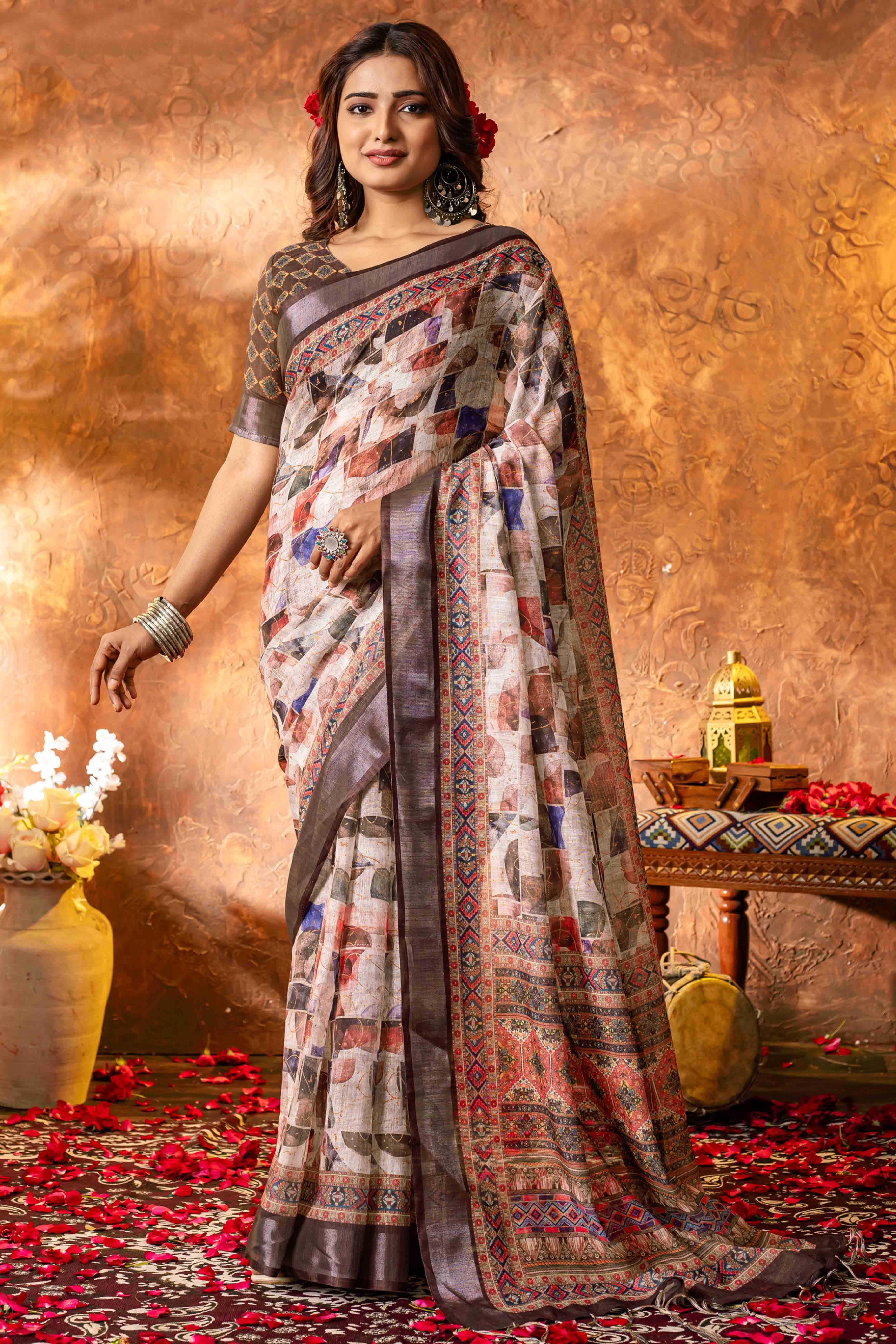 Multicolour Abstract Printed Pure Linen Saree With Zari Border