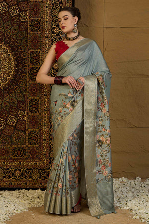 Grey Floral Printed Viscose Saree