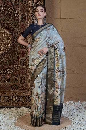 Grey Floral Printed Viscose Saree