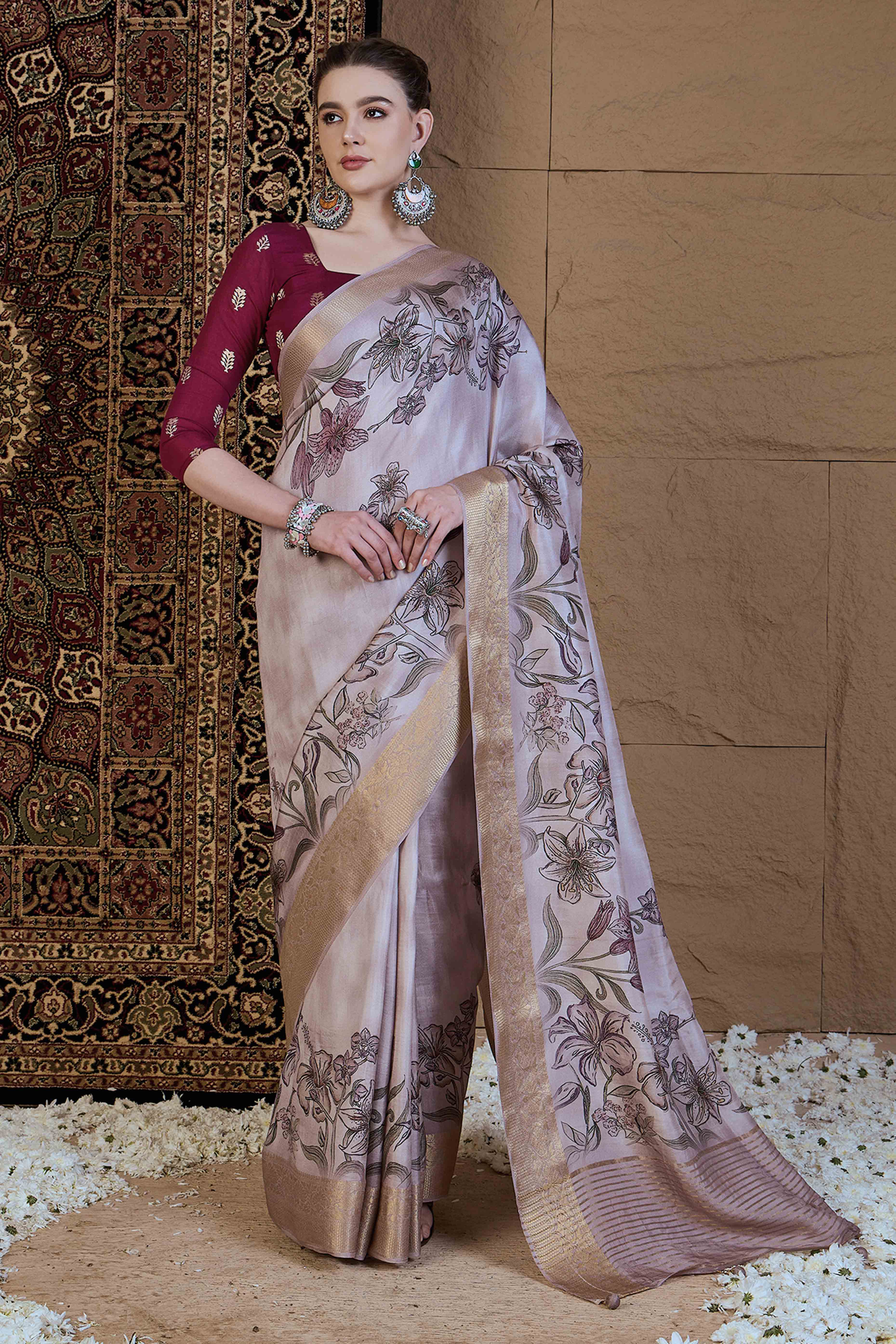 Mauve Floral Printed Viscose Saree
