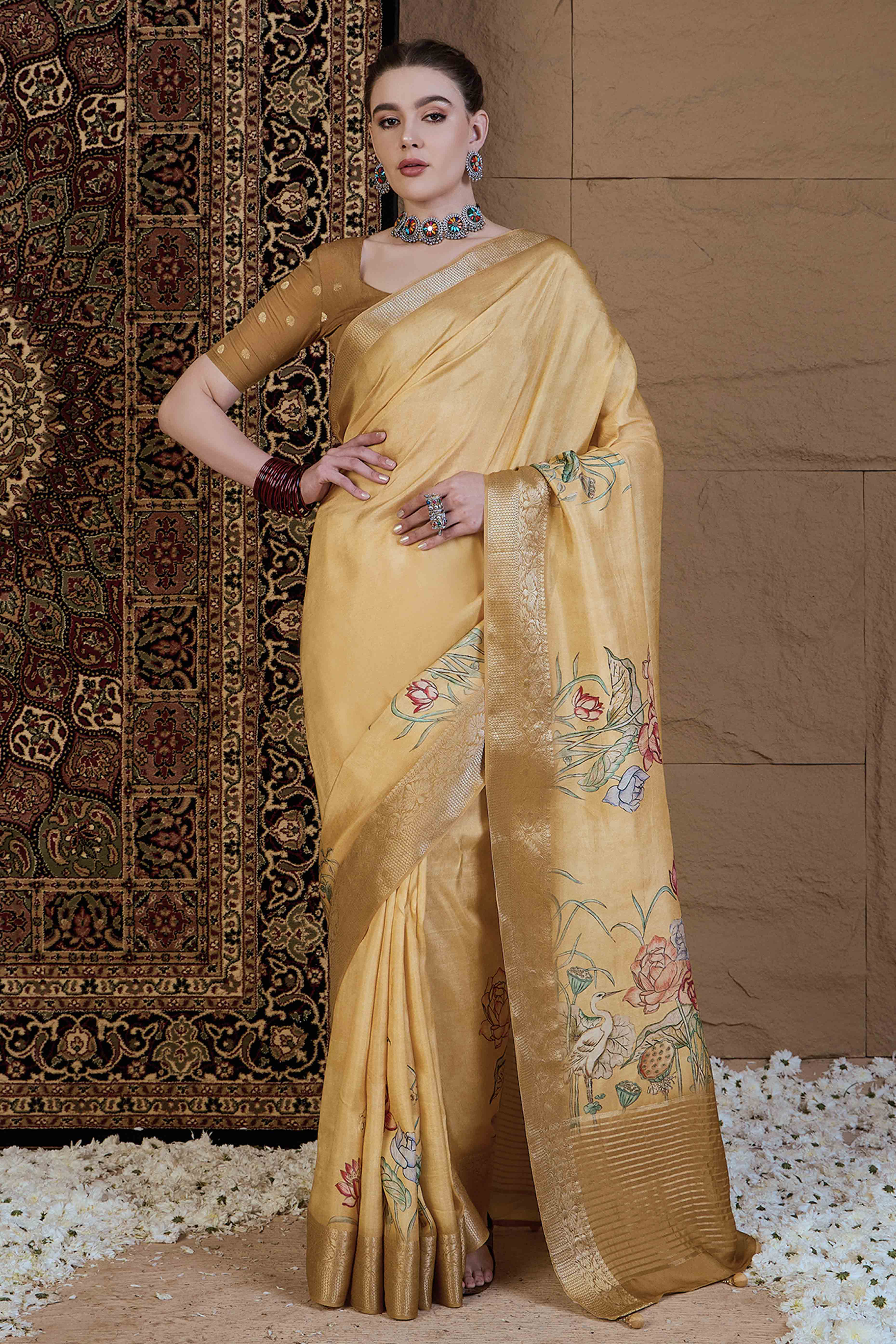 Yellow Floral Printed Viscose Saree