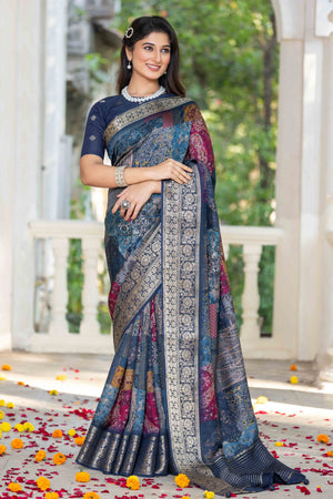 Blue Floral Printed Viscose Saree