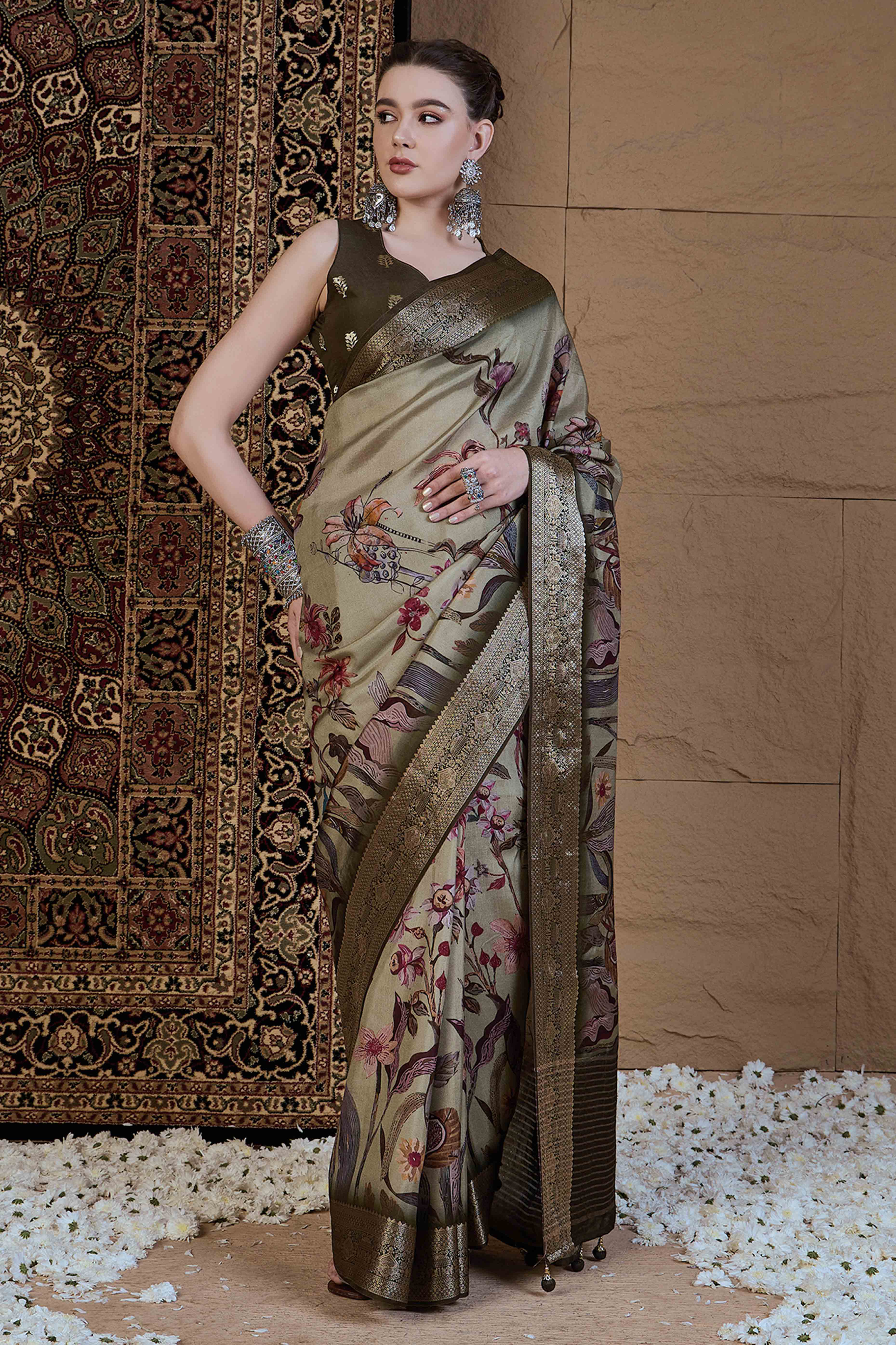 Light Green Floral Printed Viscose Saree