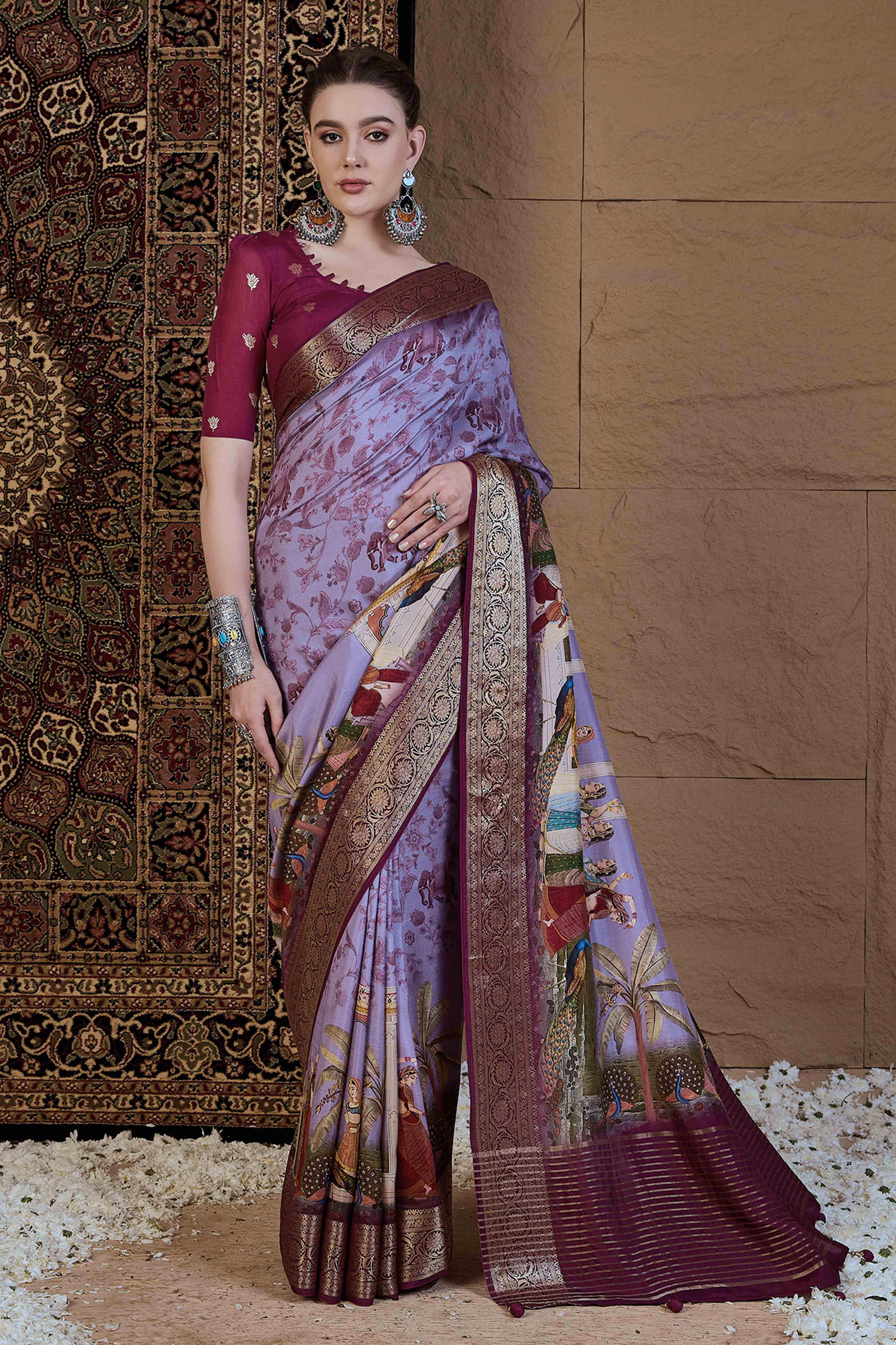 Lavender Floral Printed Viscose Saree