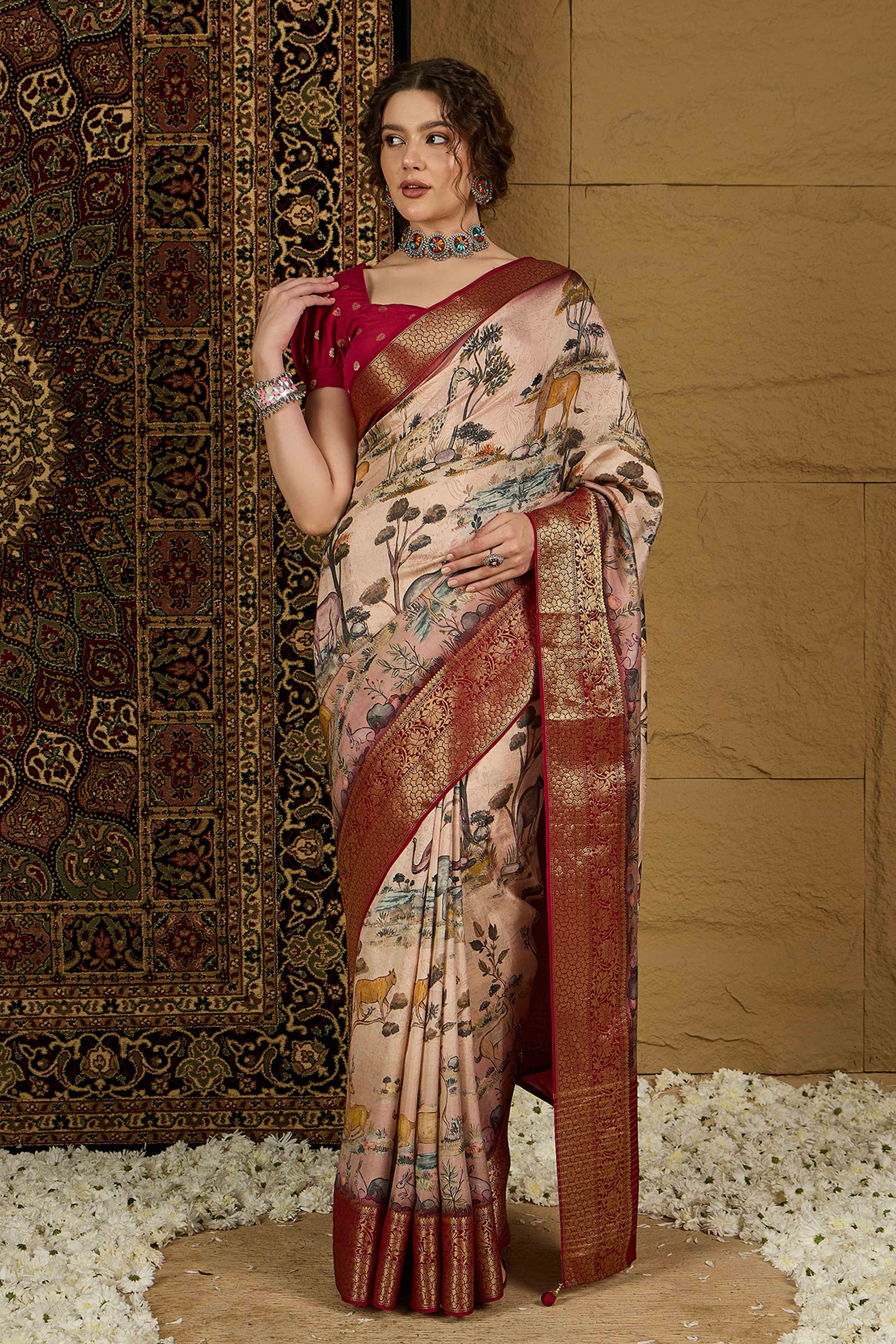 Peach Floral Printed Viscose Saree