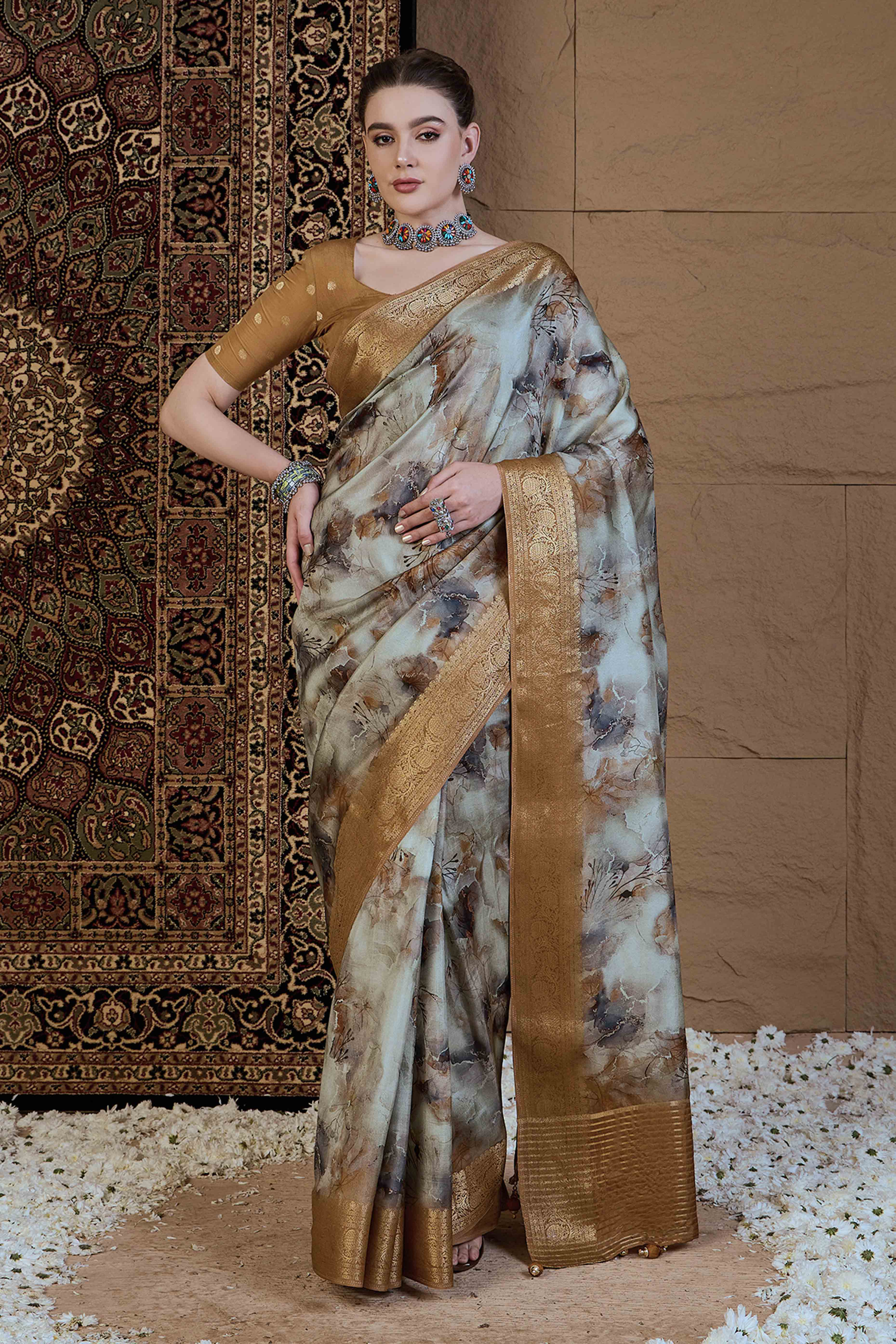 Sky Blue Floral Printed Viscose Saree