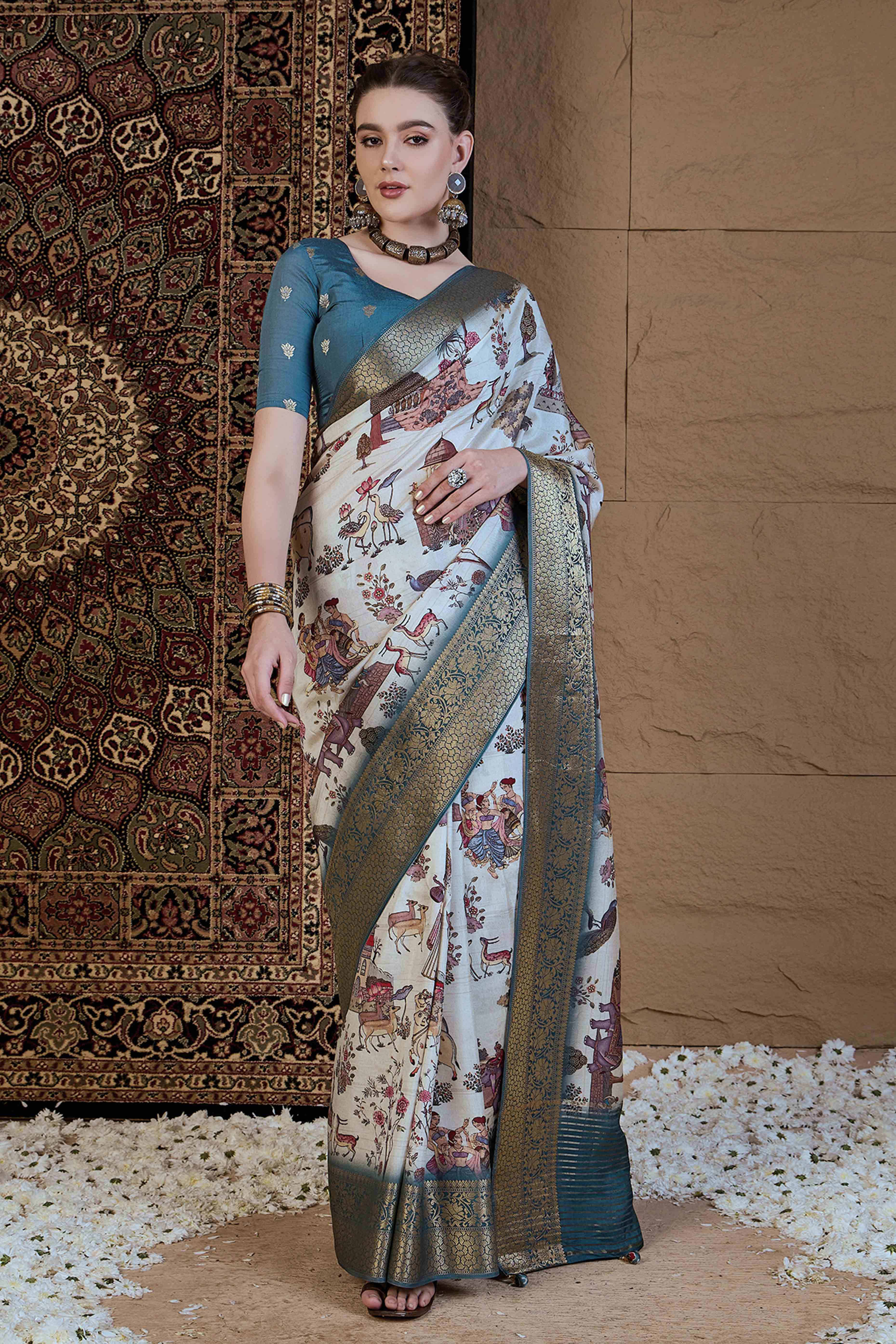 Sky Blue Floral Printed Viscose Saree