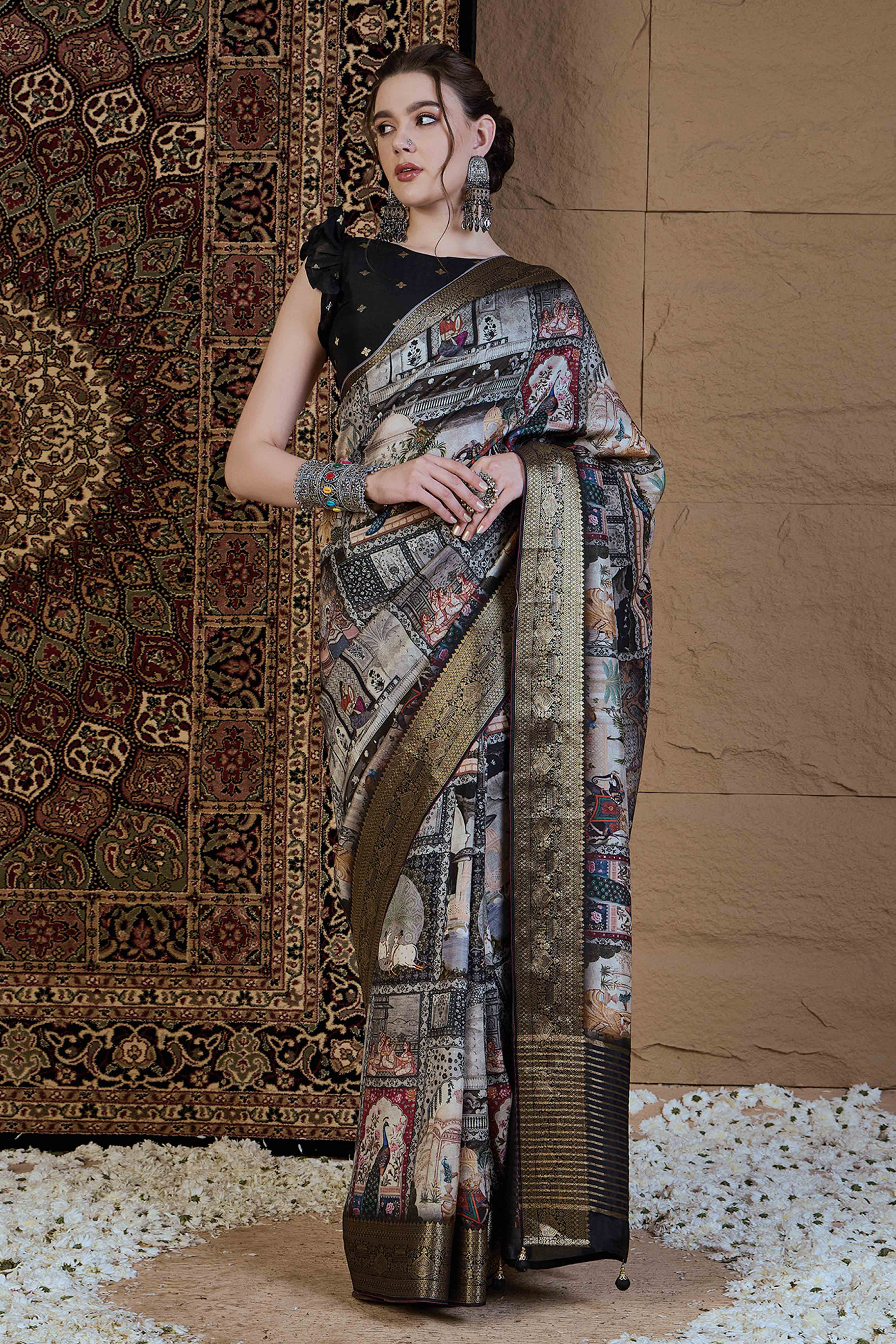 Black Abstract Print Printed Viscose Saree