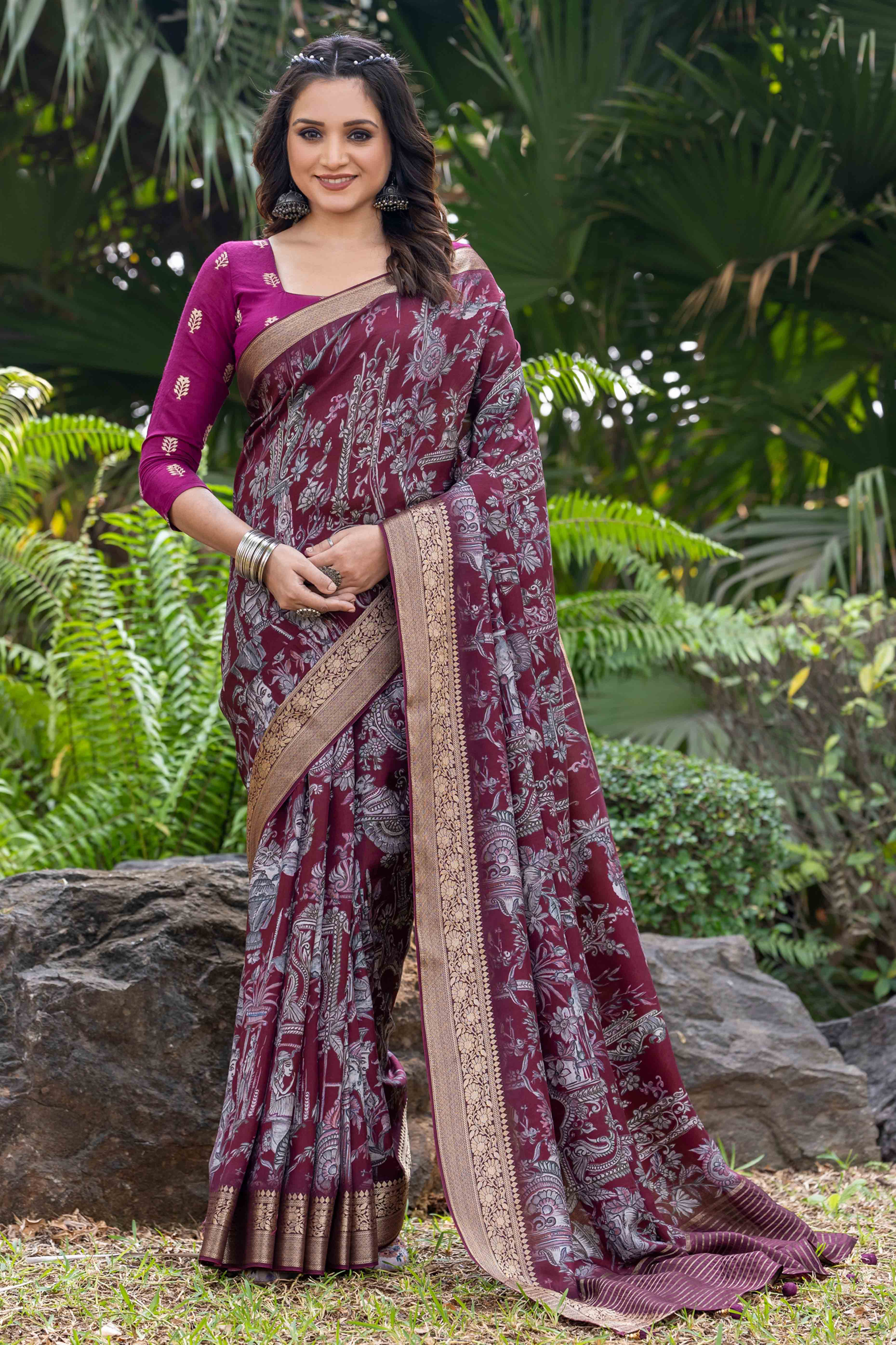 Wine Floral Printed Viscose Saree