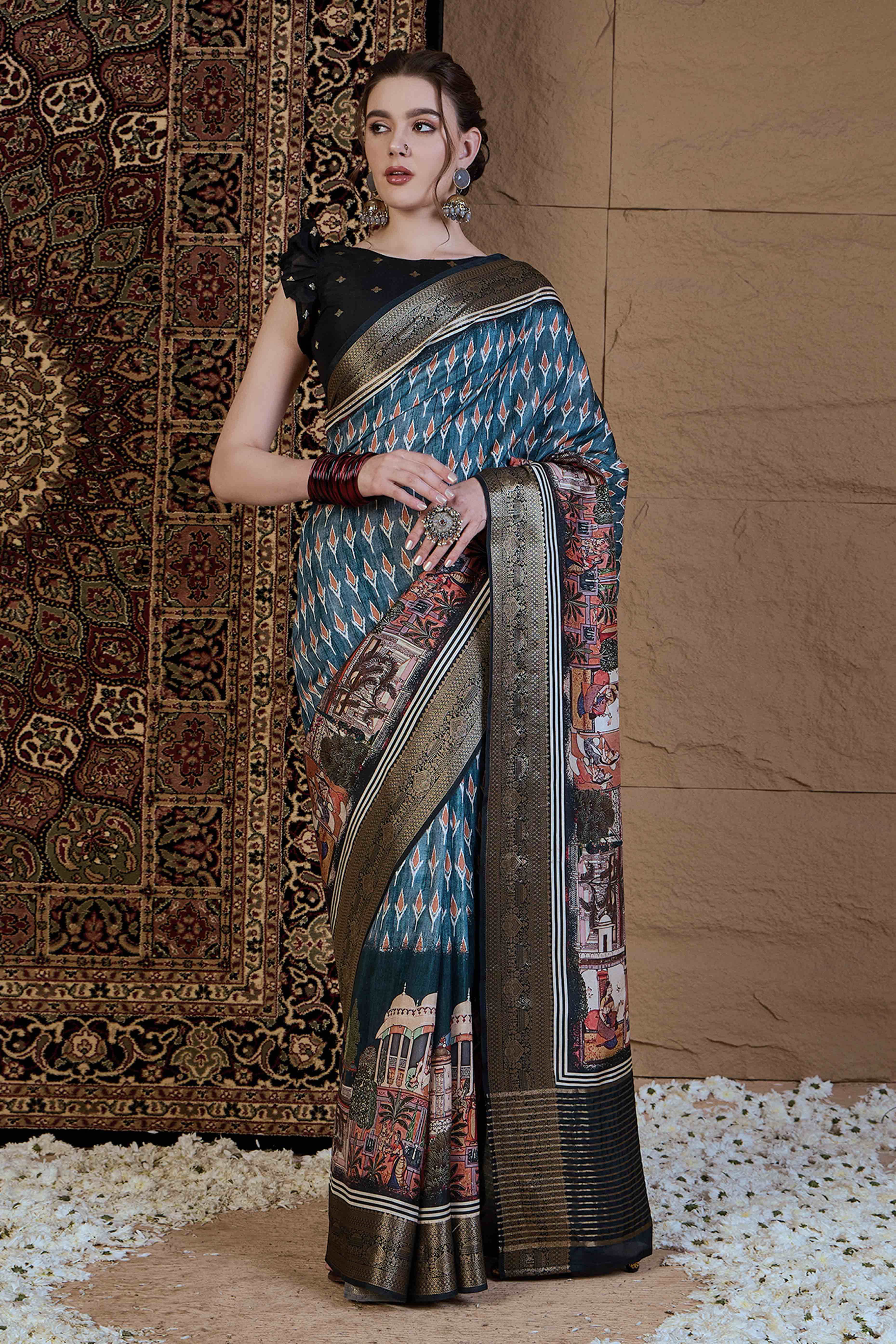 Teal Geometric Printed Viscose Saree