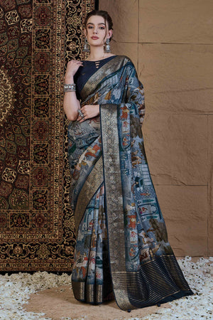 Blue Abstract Print Printed Viscose Saree